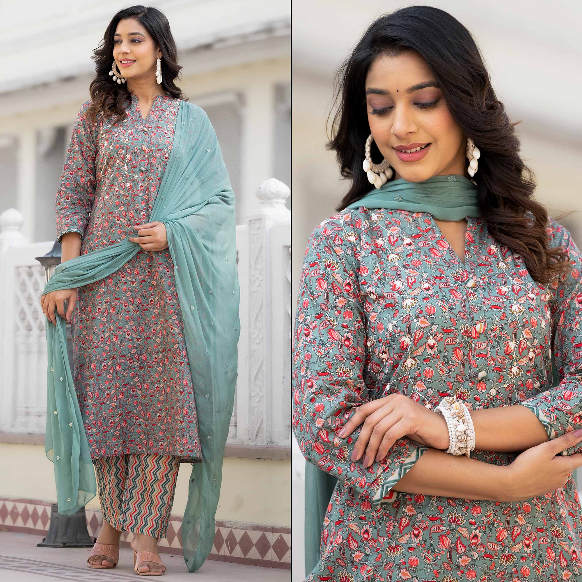 Green Floral Printed Pure Cotton Straight Salwar Suit