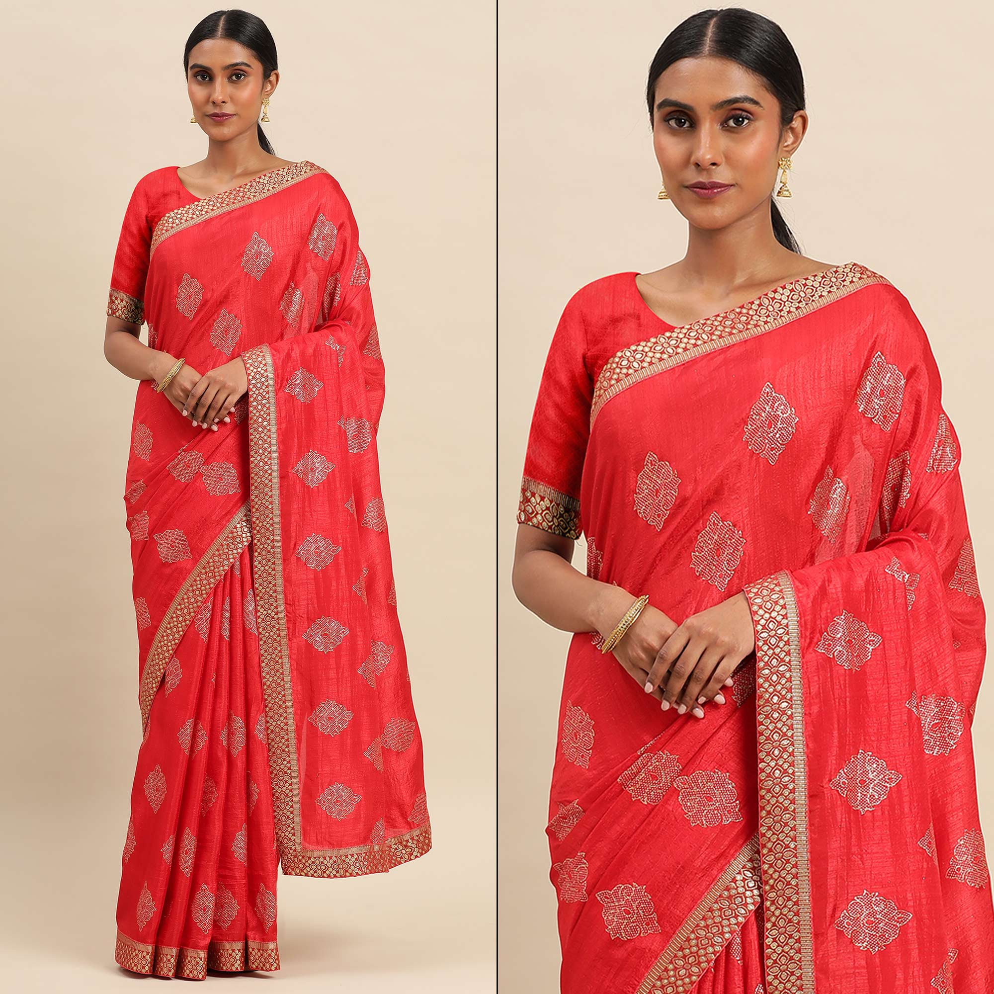 Red Floral Foil Printed Vichitra Silk Saree