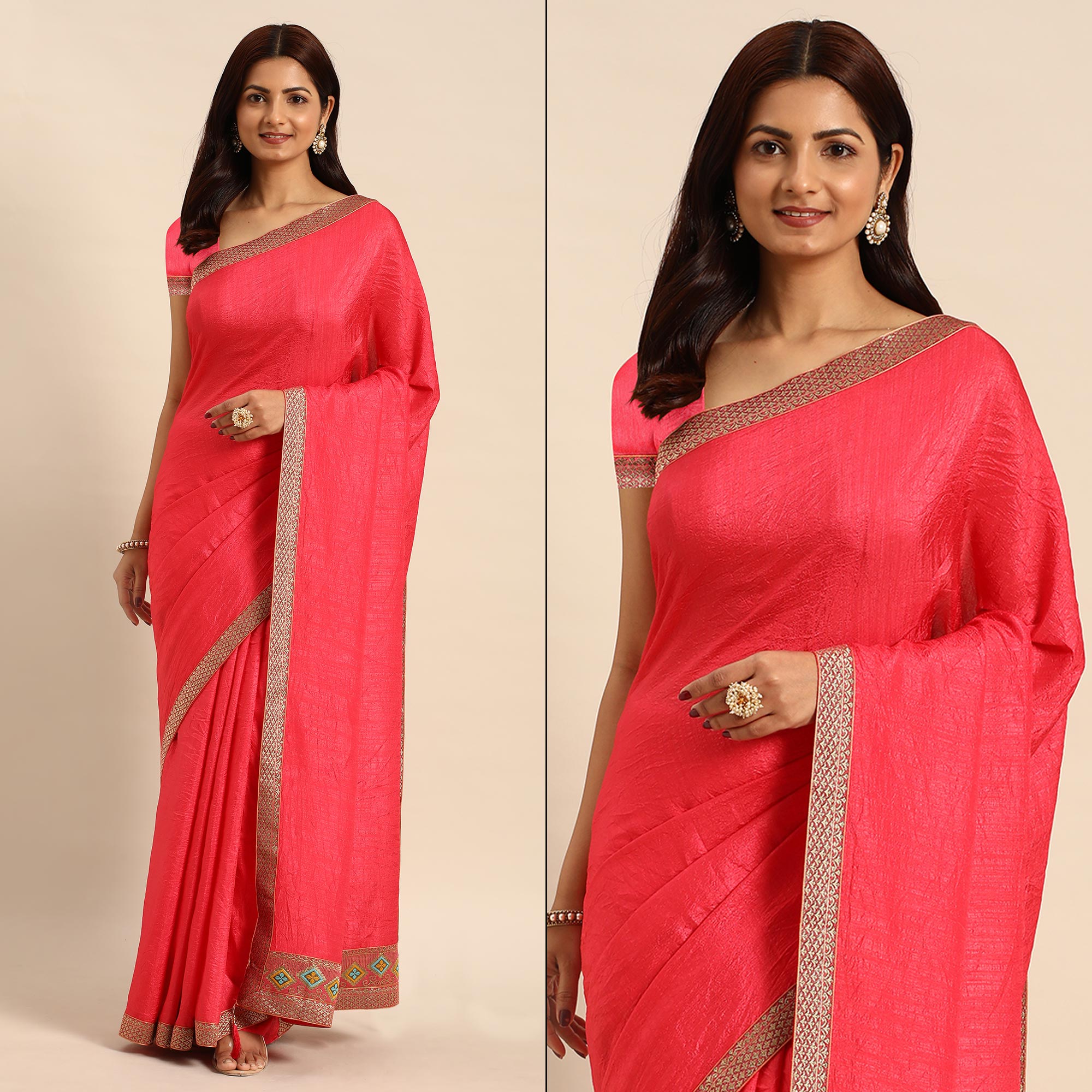 Pink Solid Vichitra Silk Saree With Fancy Border