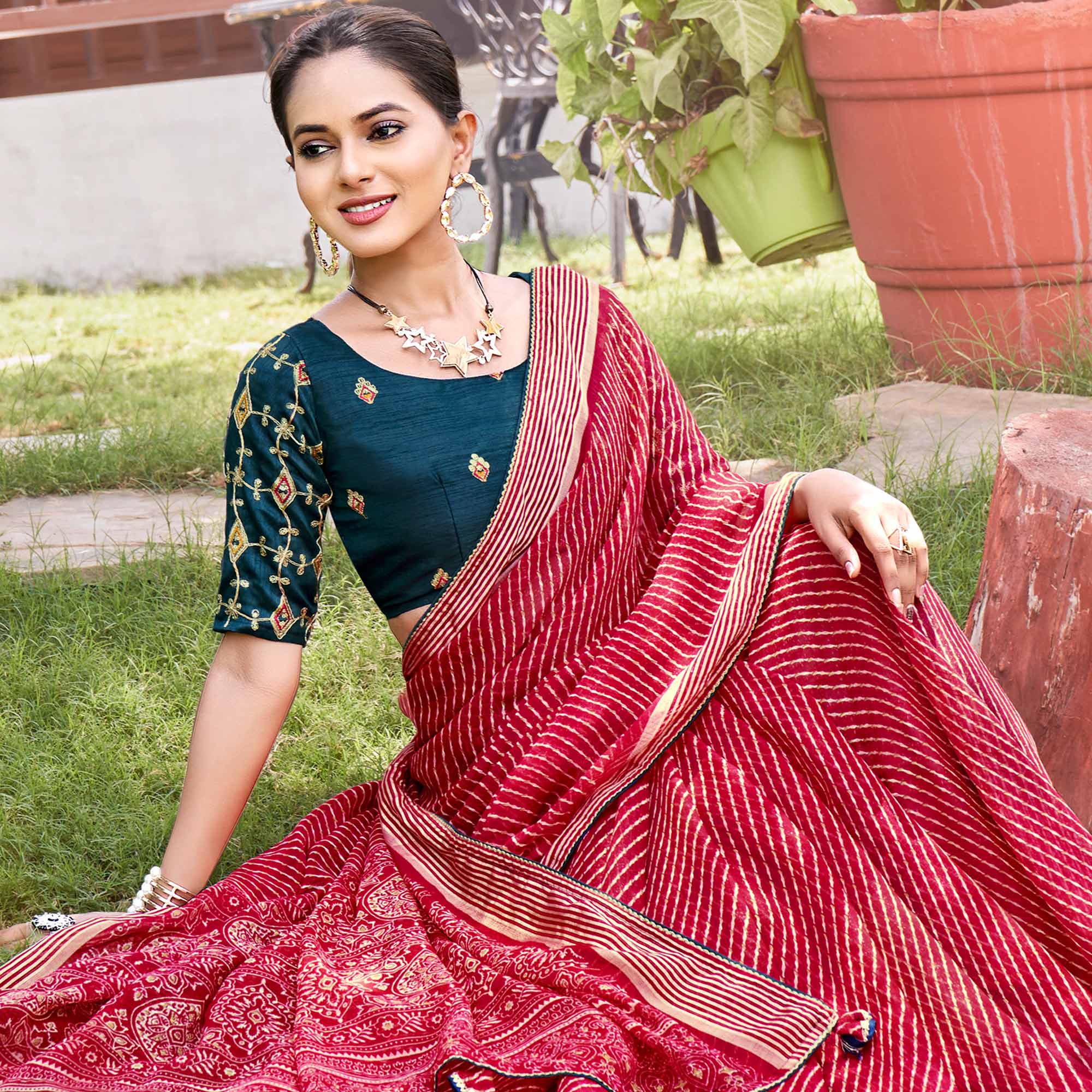 Cherry Red Leheriya Printed Chiffon Saree