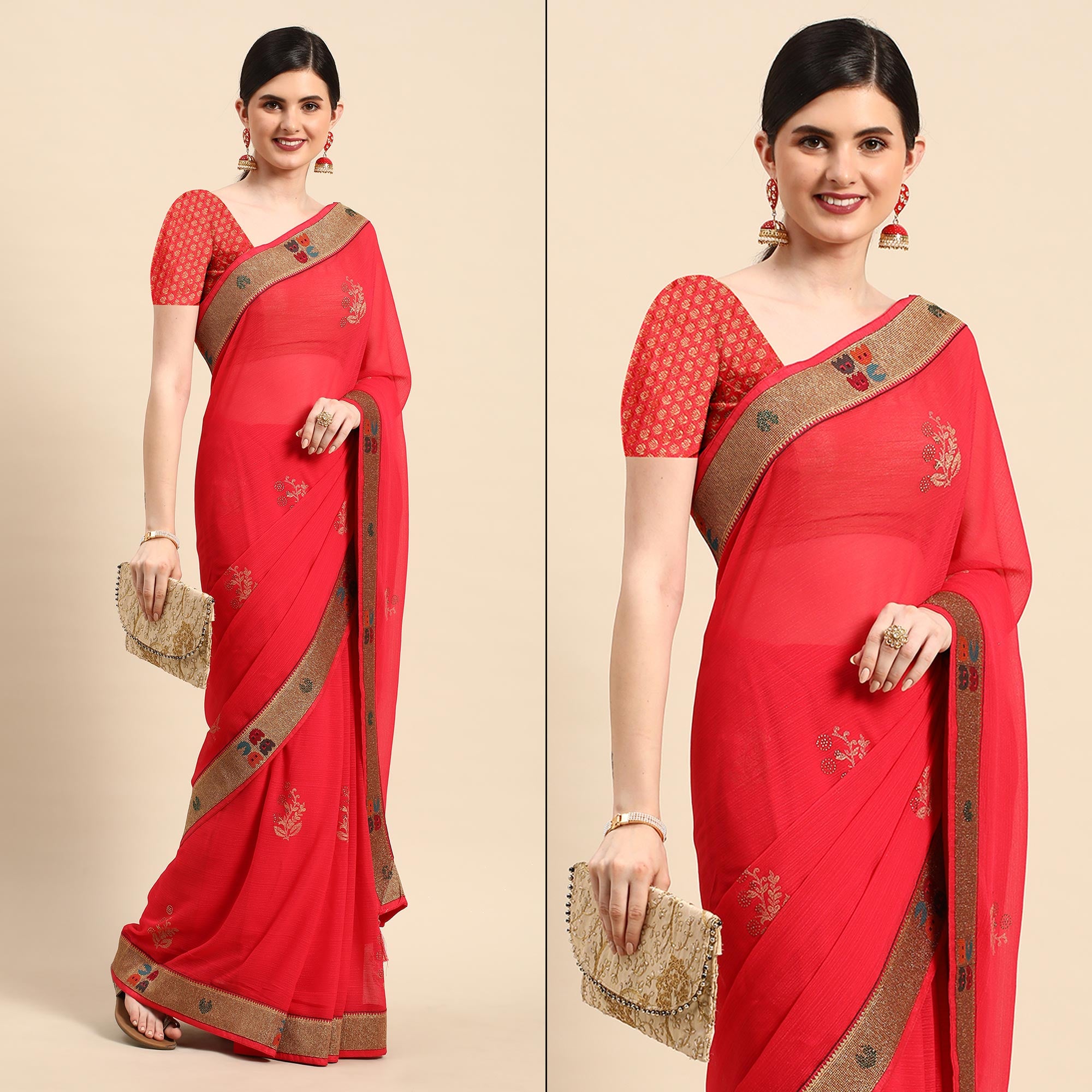 Red Foil Printed With Swarovski Zomato Silk Saree