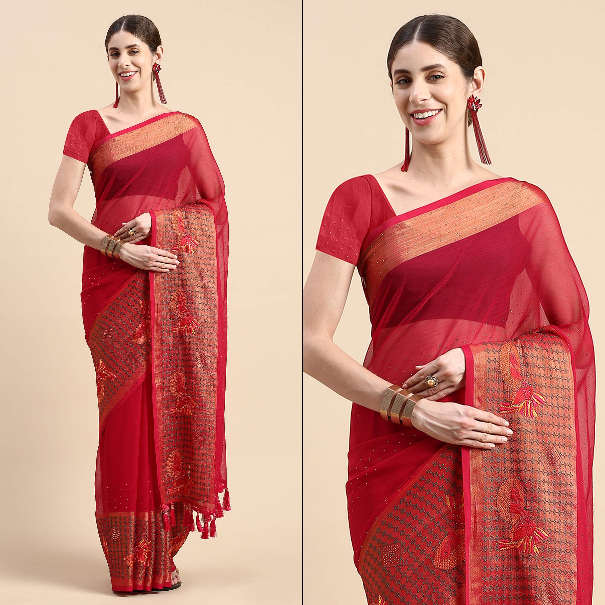 Magenta Purple Embroidered With Swarovski Work Viscose Saree