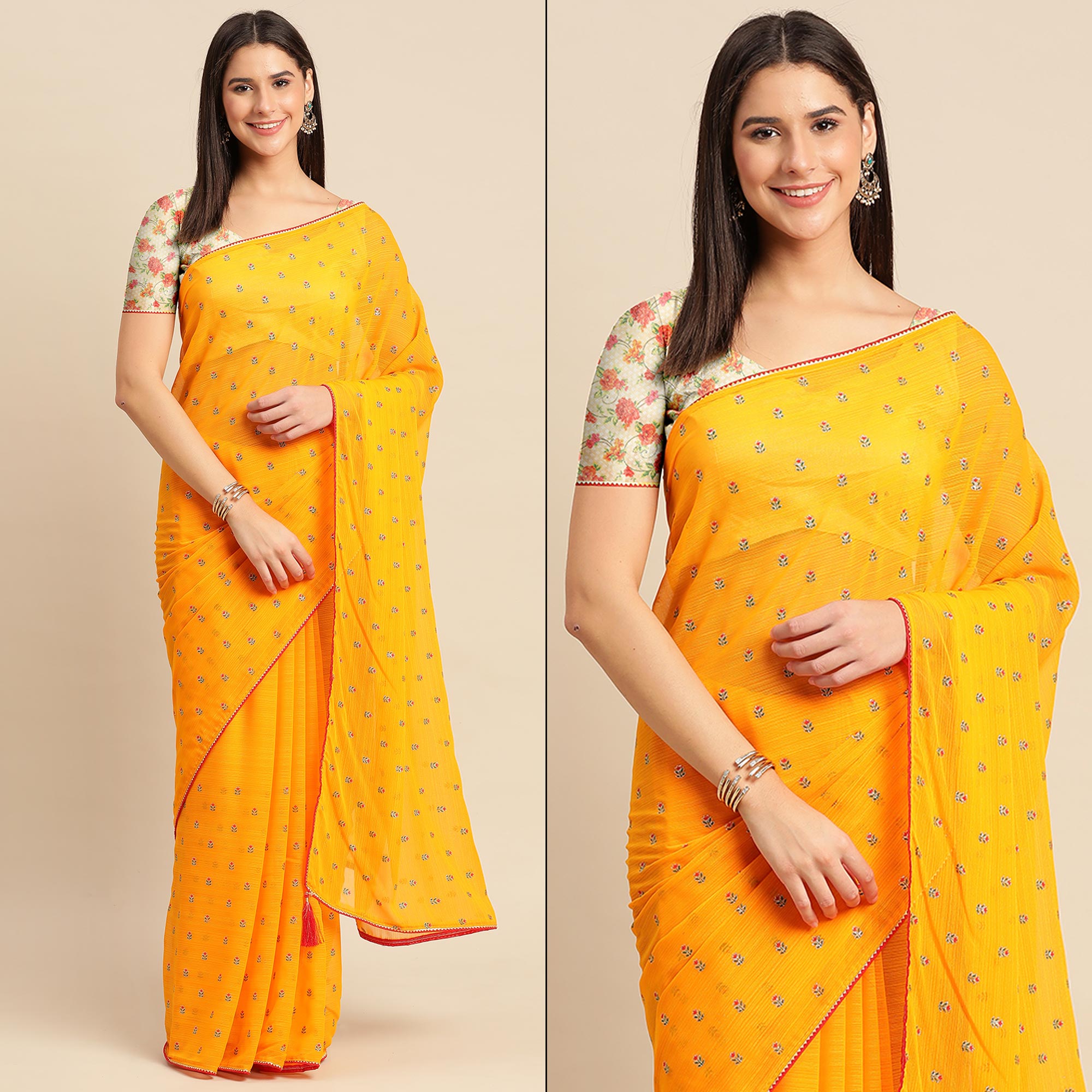 Orange Embroidered Chiffon Saree