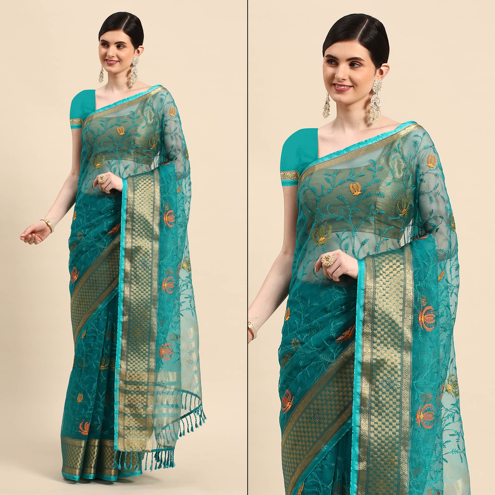 Turquoise Floral Embroidered Organza Saree