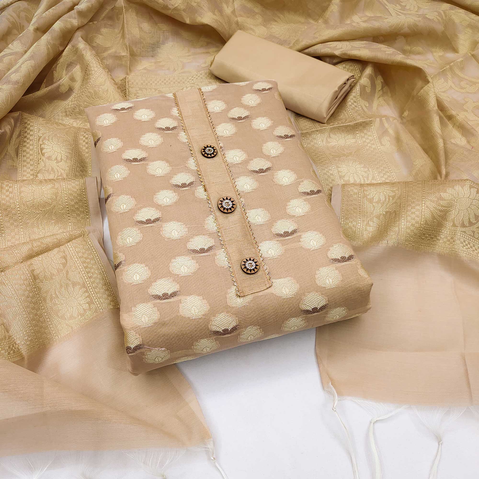 Chikoo Woven Banarasi Silk Dress Material