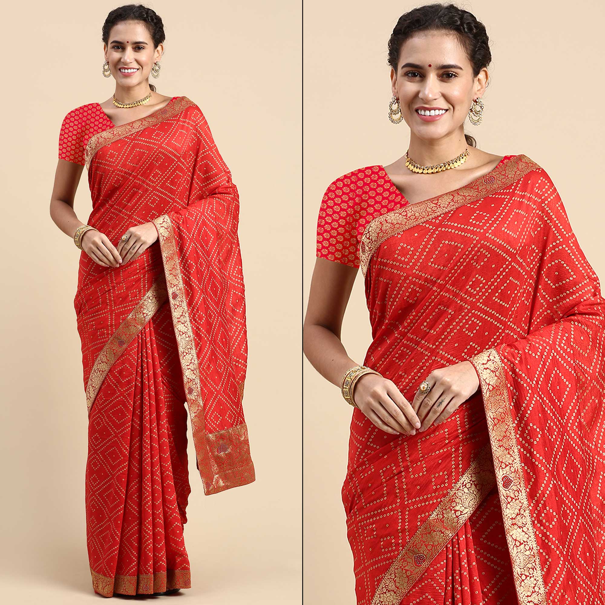 Red Foil Printed With Swarovski Vichitra Silk Saree