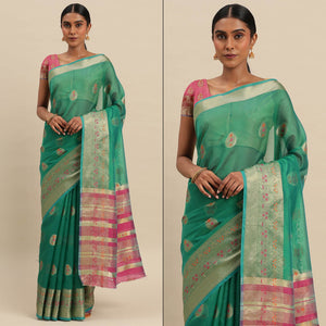 Morpich Green Woven Organza Saree
