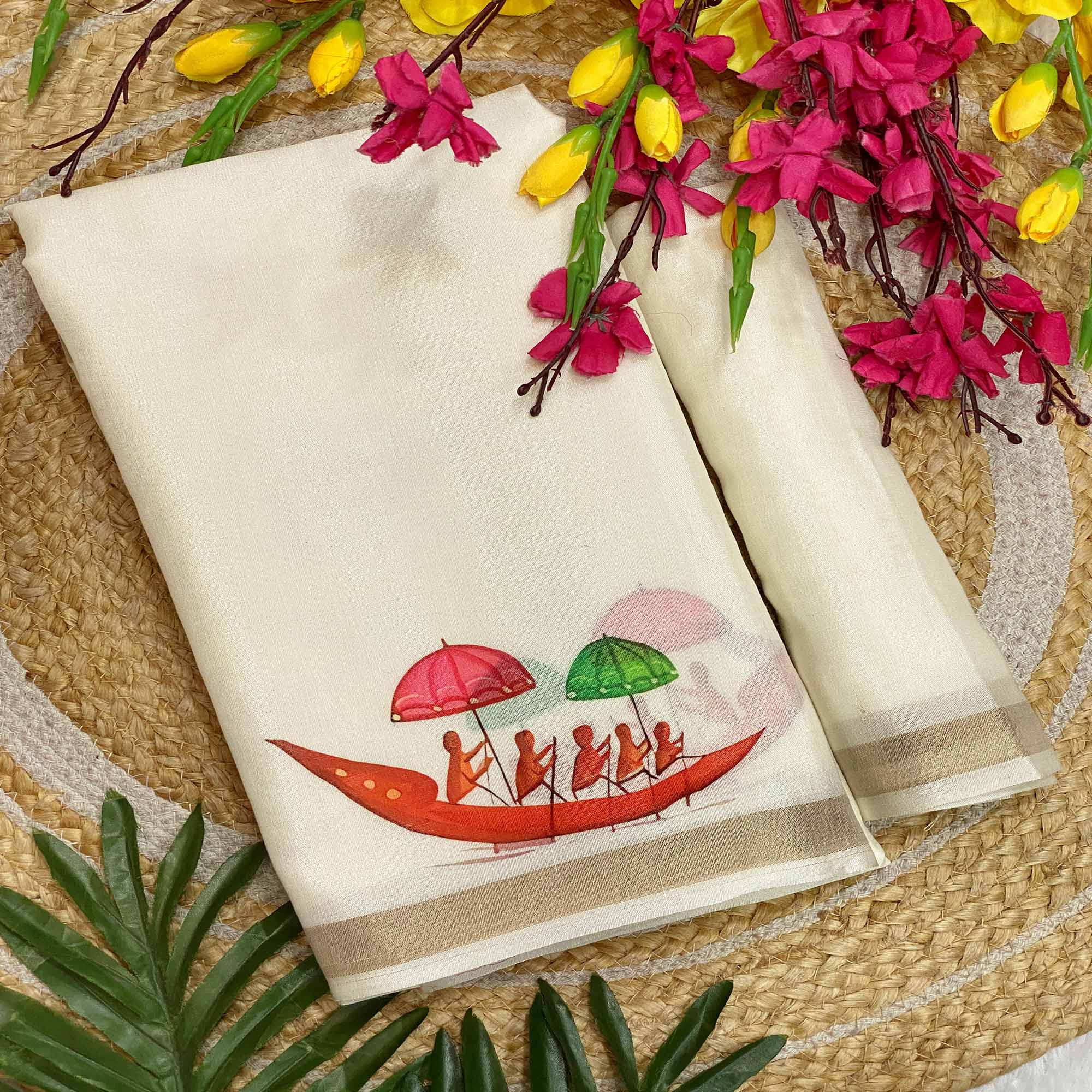 Designer Off White Soft Tussar Cotton Silk Saree with Kathakali Artwork