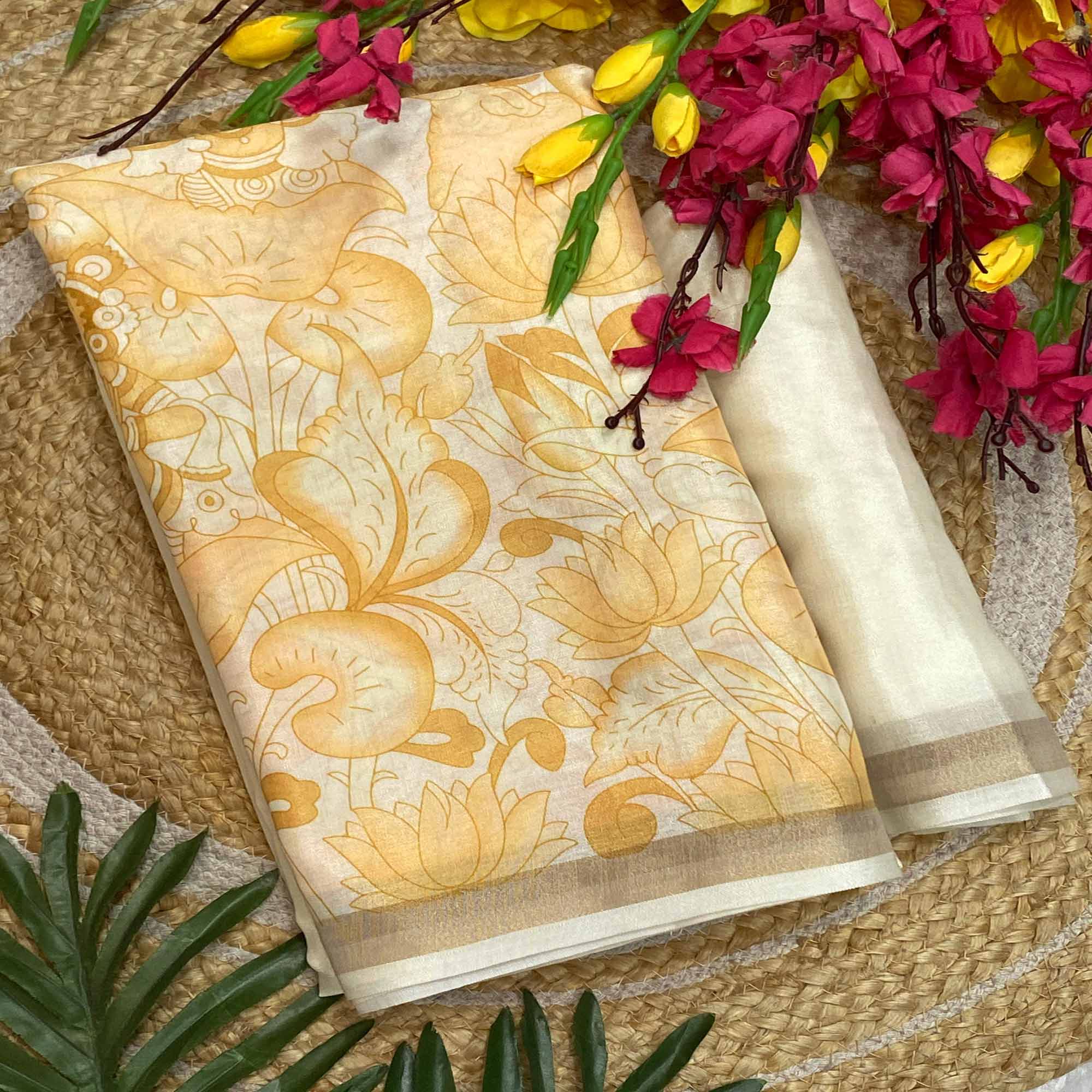 Graceful Off White Soft Tussar Cotton Silk Saree with Traditional Print