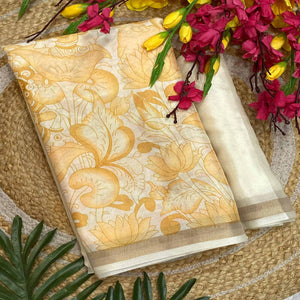 Graceful Off White Soft Tussar Cotton Silk Saree with Traditional Print