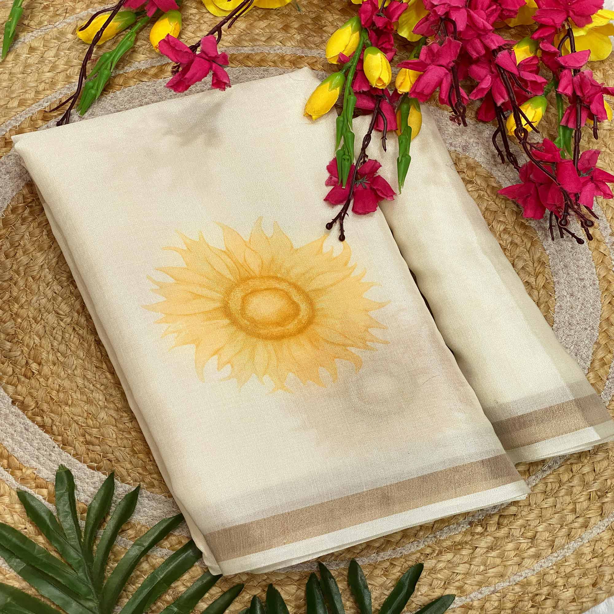 Off White Admirable Floral Printed Soft Tussar Cotton Silk Saree