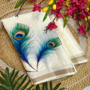 Charming Off White Soft Tussar Cotton Silk Saree with Peacock Feathers Print