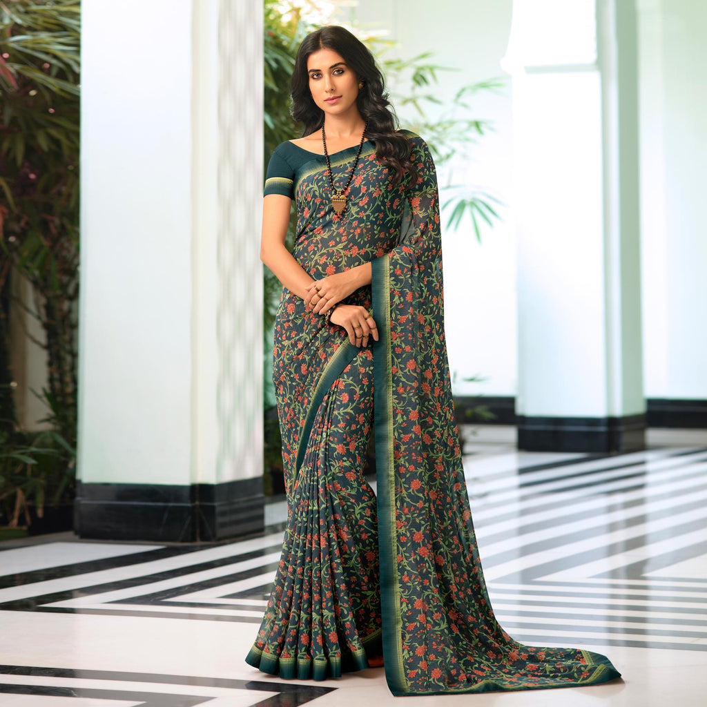 Bottle Green Floral Printed Saree with Pearl Lace Work MN3807
