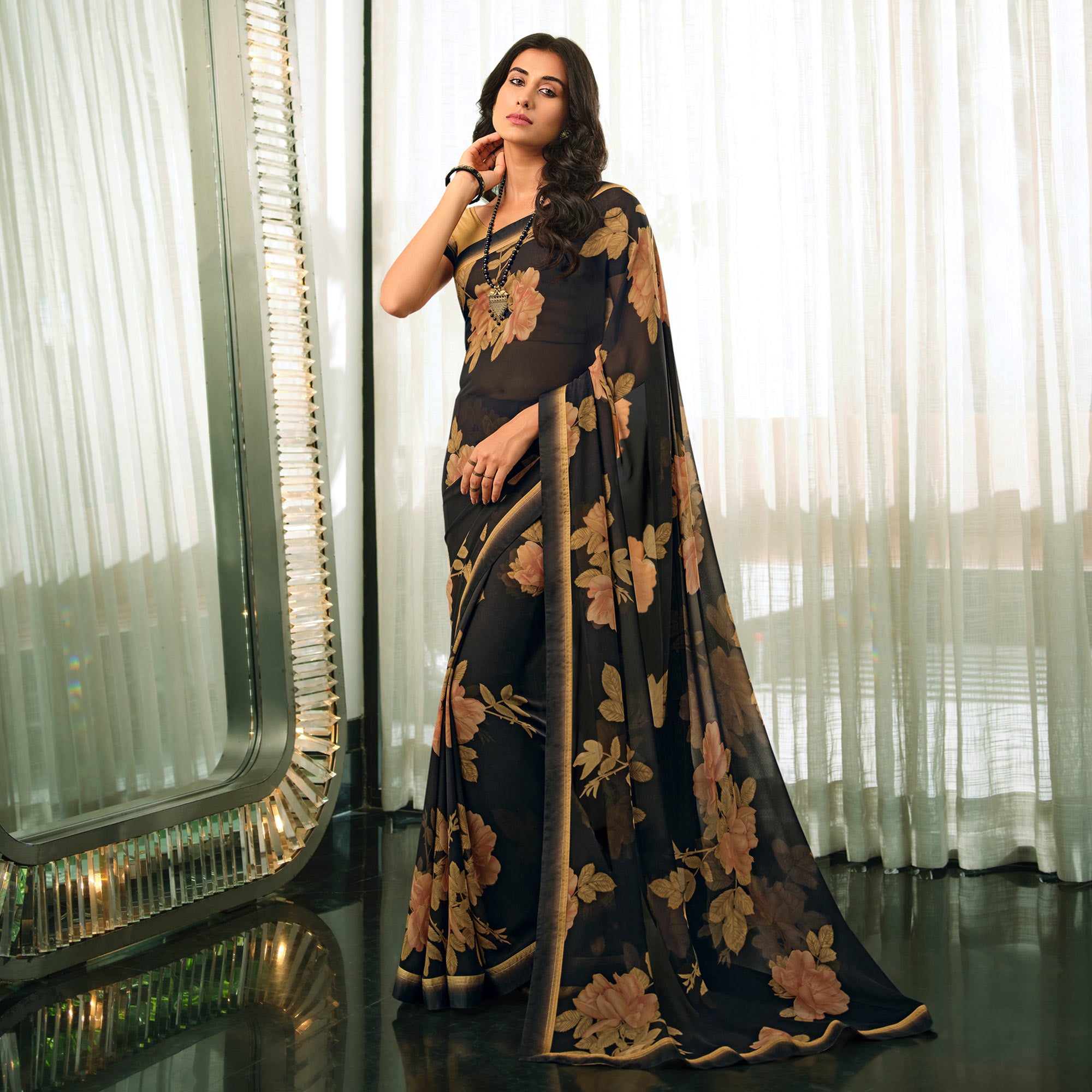 Black Floral Printed Georgette Saree