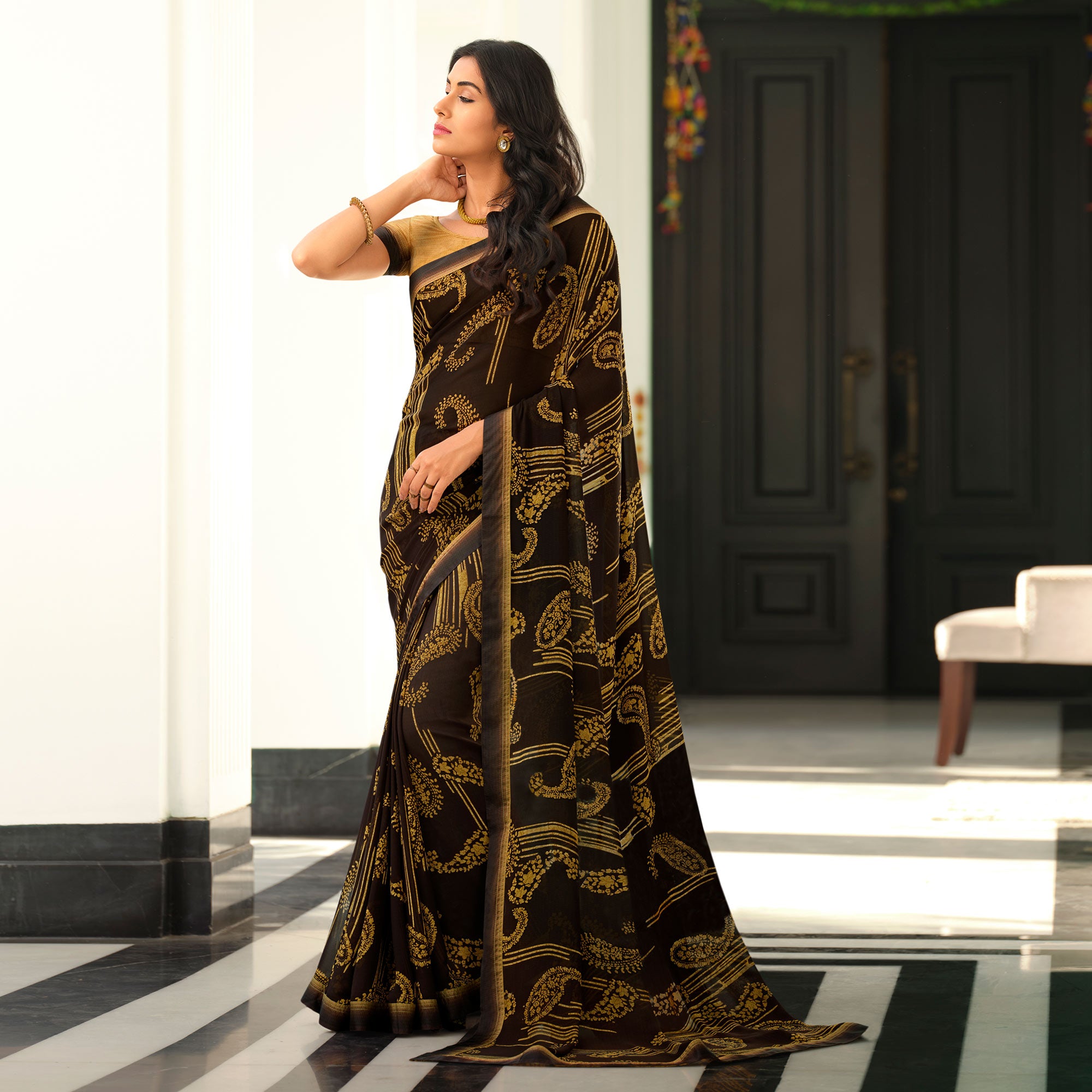 Brown Floral Printed Georgette Saree