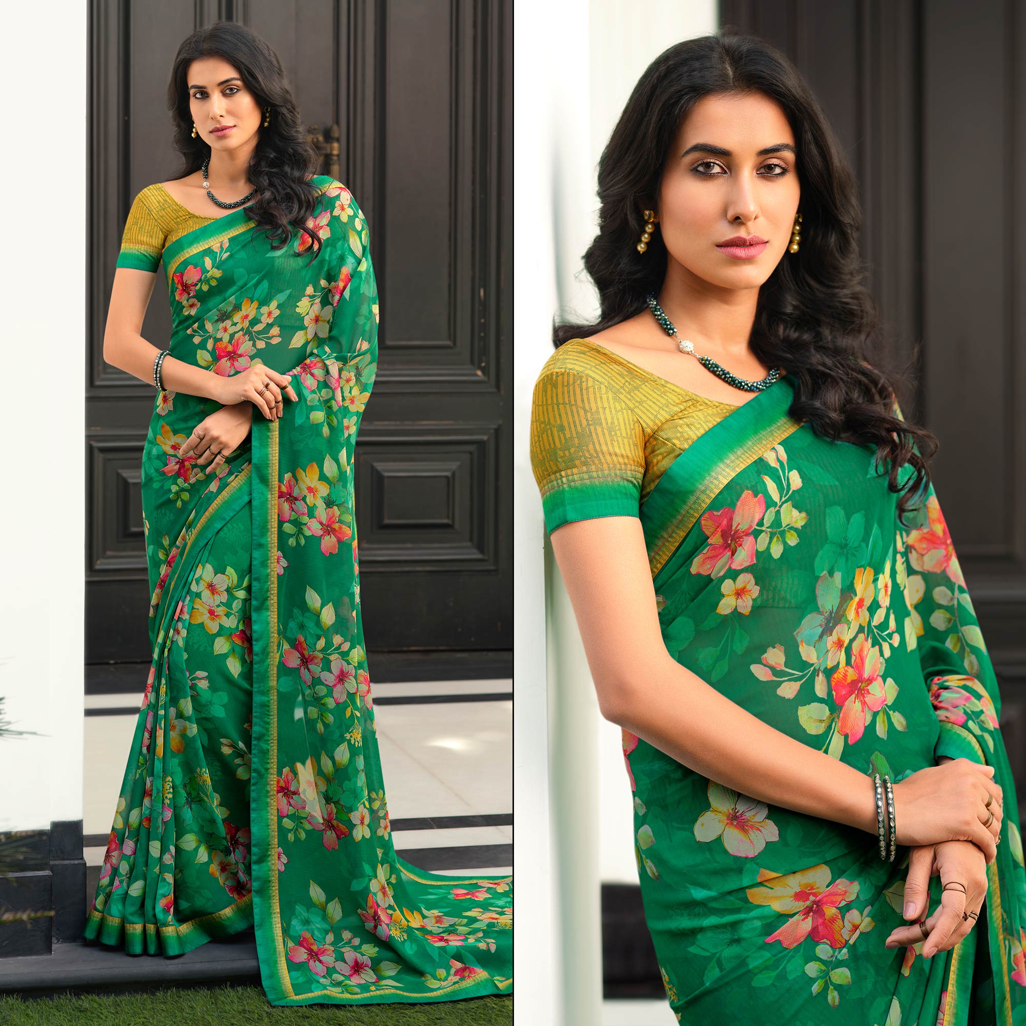 Green Floral Printed Georgette Saree