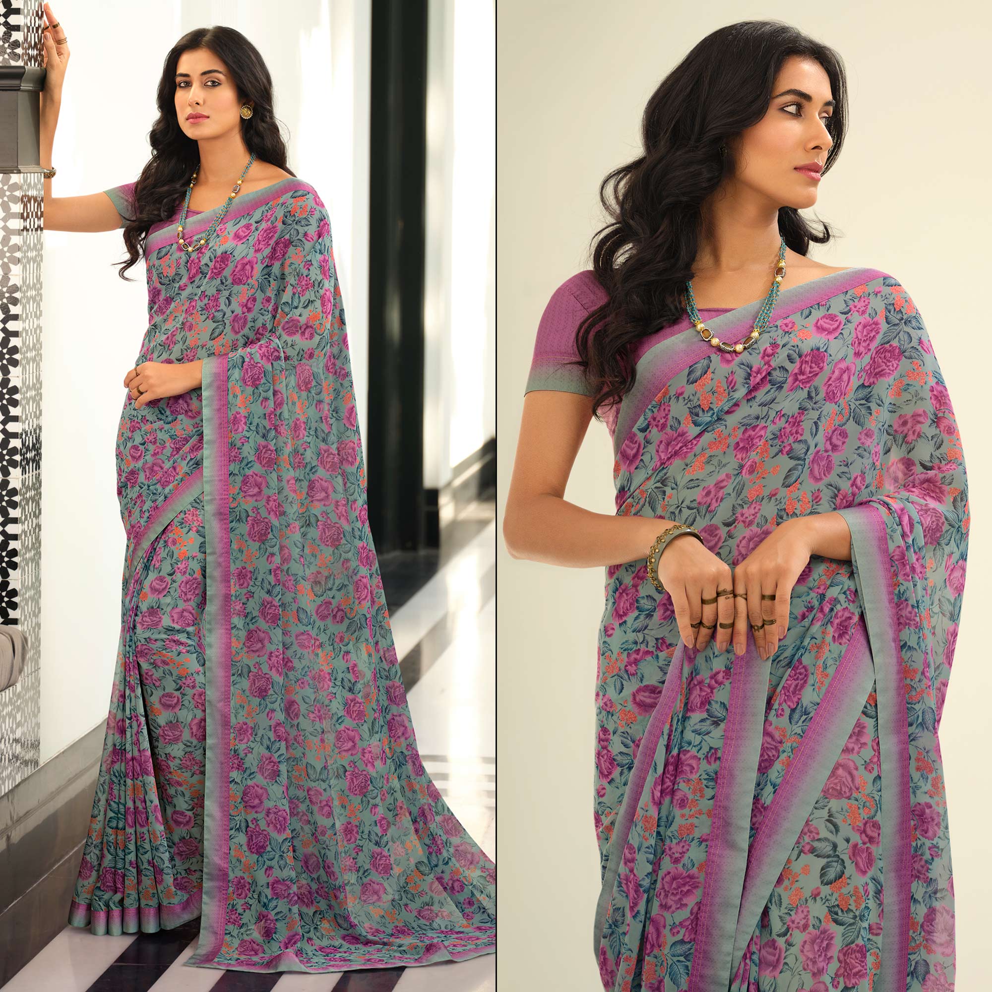 Grey Floral Printed Georgette Saree