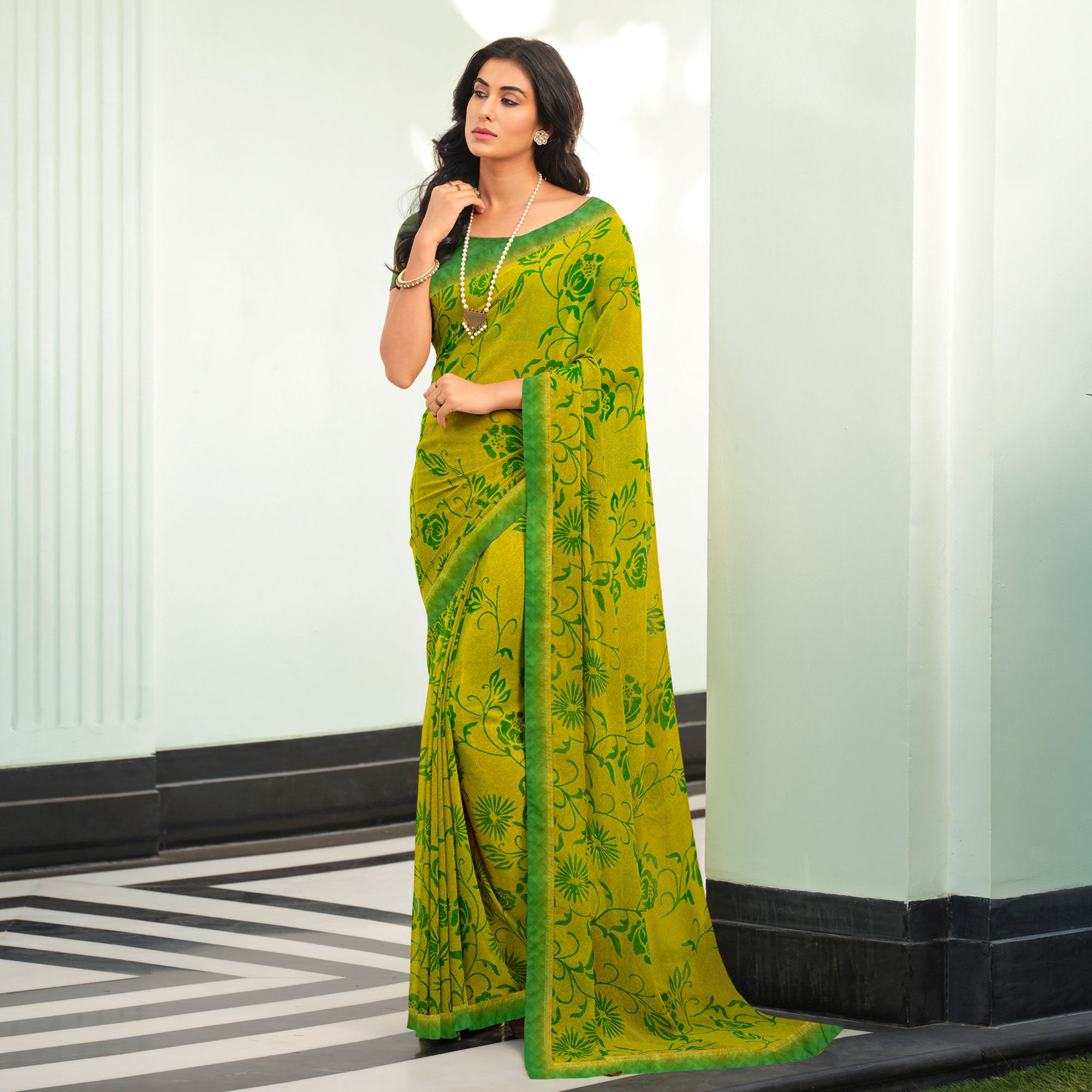 Lemon Green Floral Printed Georgette Saree