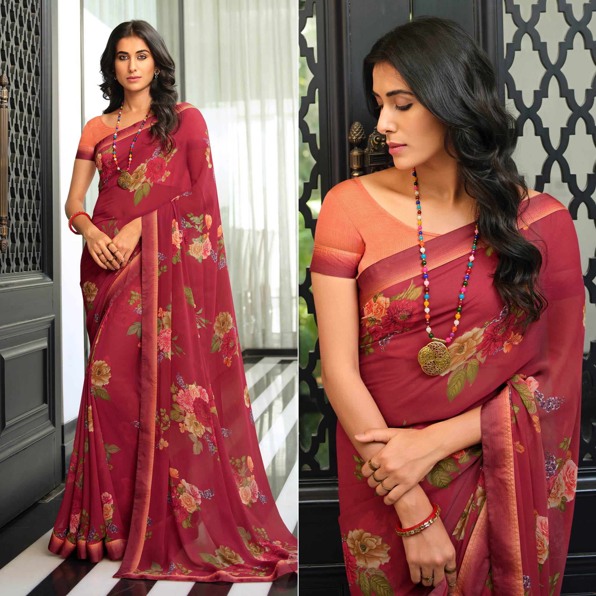 Maroon Floral Printed Georgette Saree