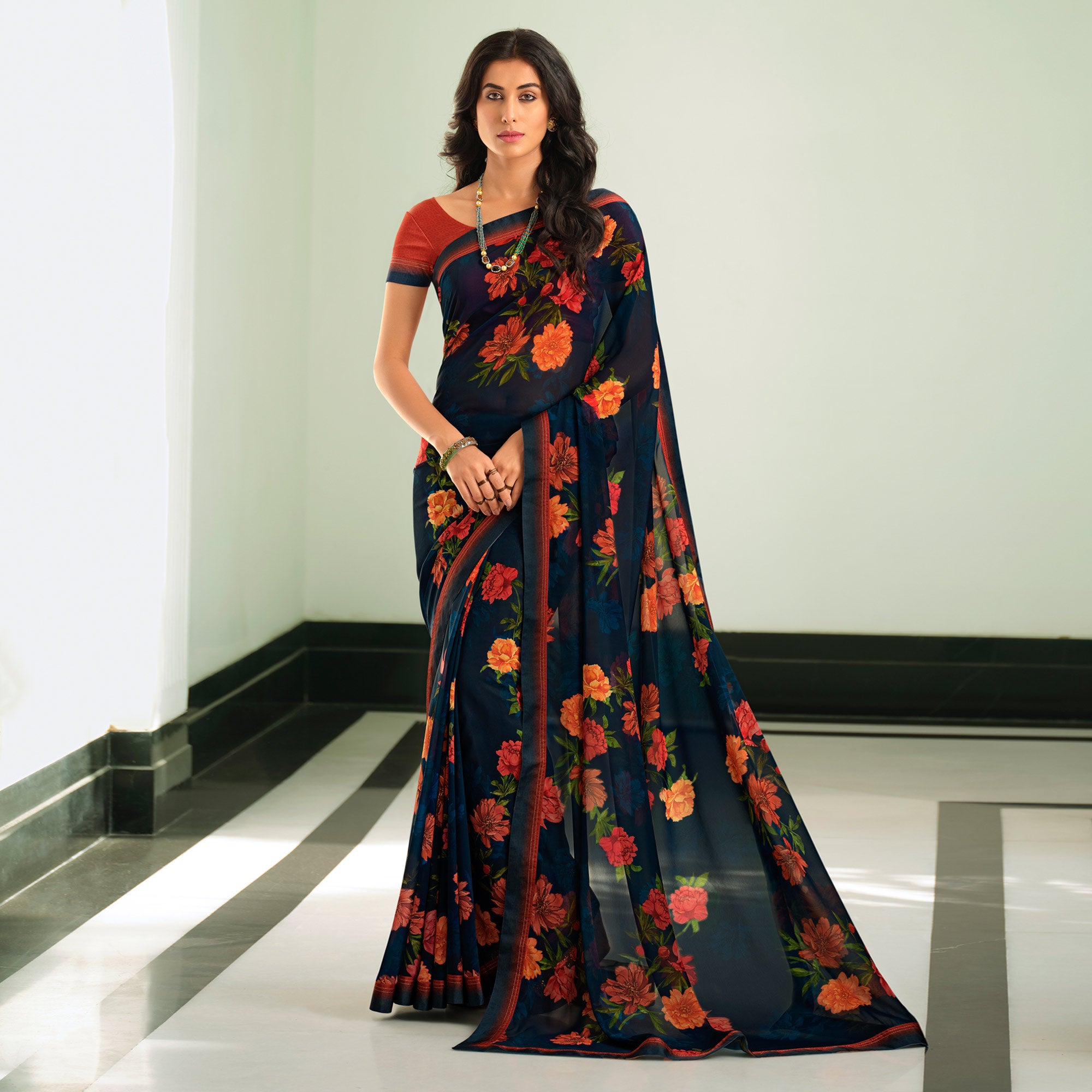 Navy Blue Floral Printed Georgette Saree