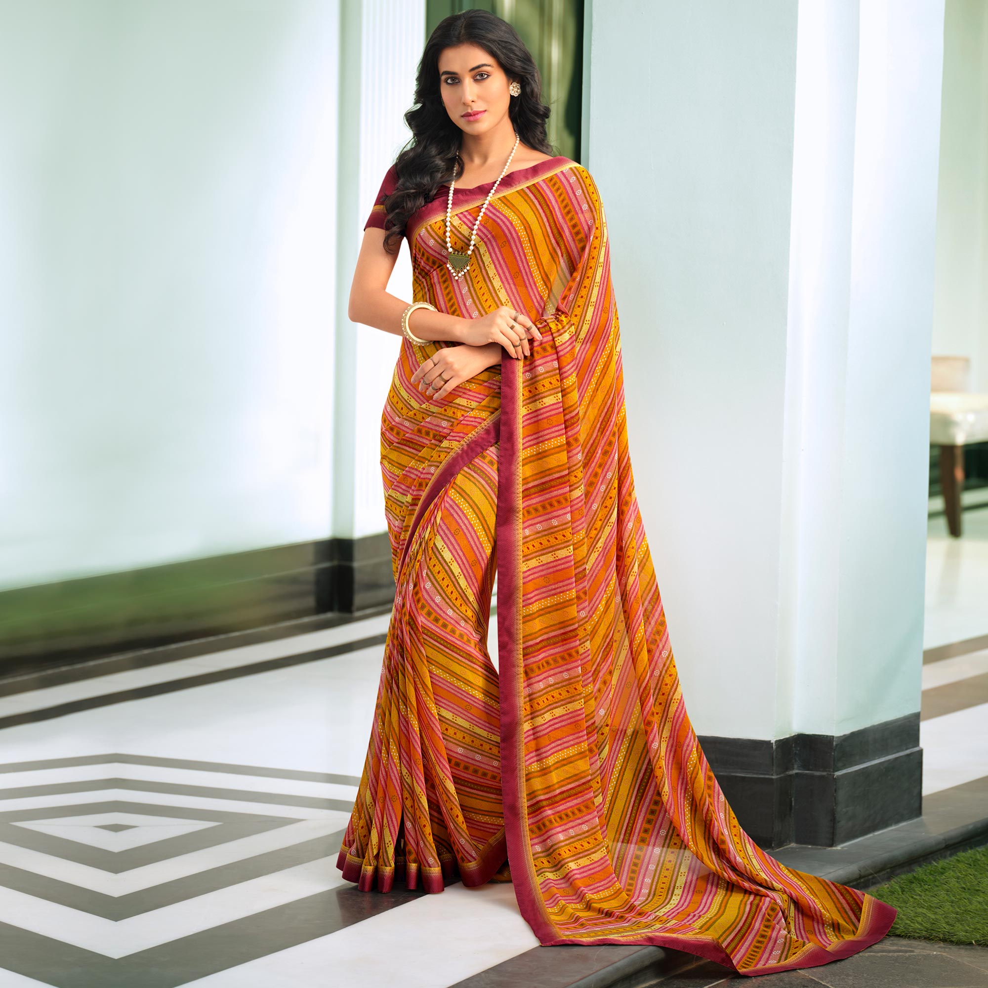 Orange Printed Georgette Saree