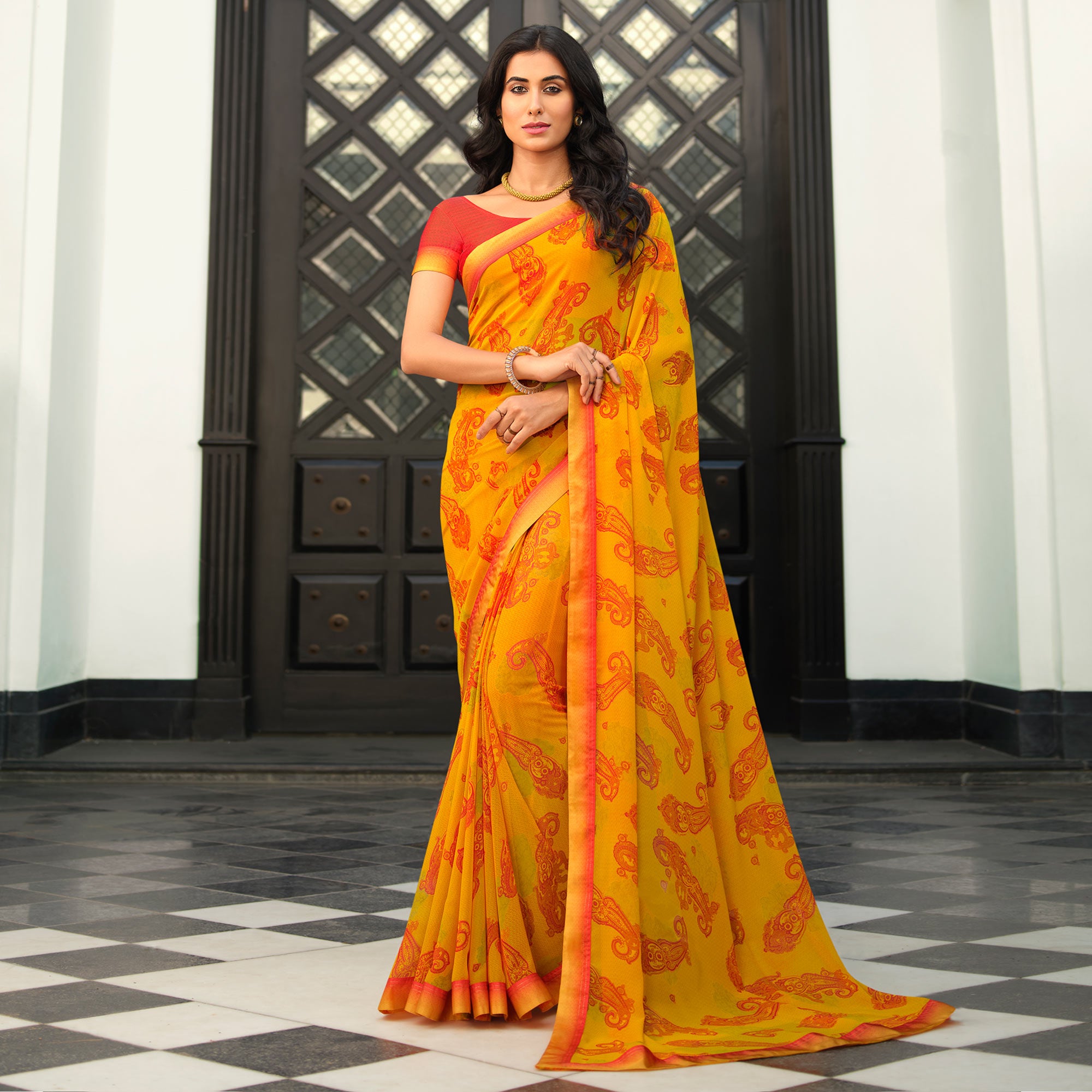 Yellow Floral Printed Georgette Saree