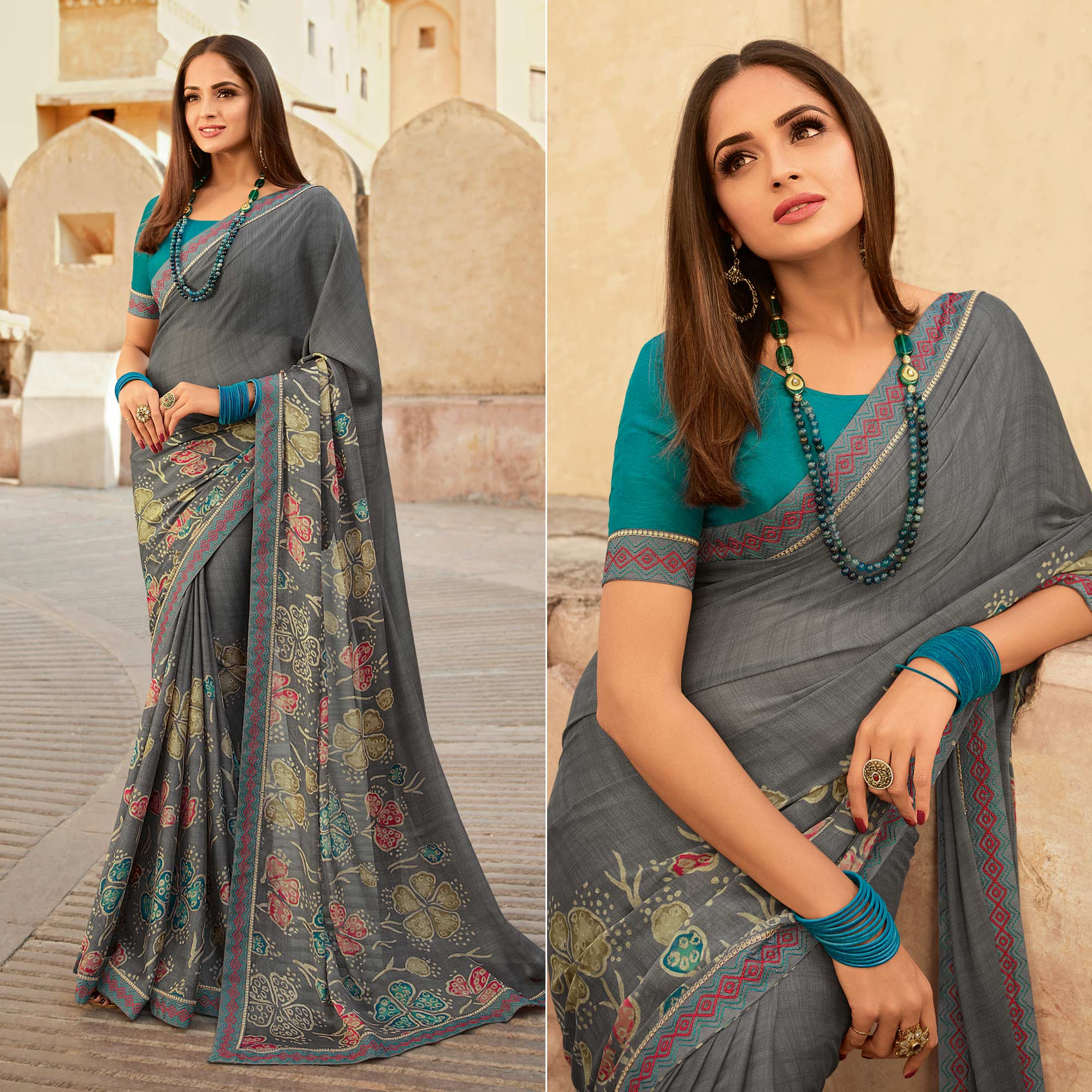 Grey Floral Printed With Embroidered Border Silk Saree