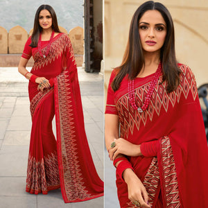 Red Printed With Embroidered Border Georgette Saree