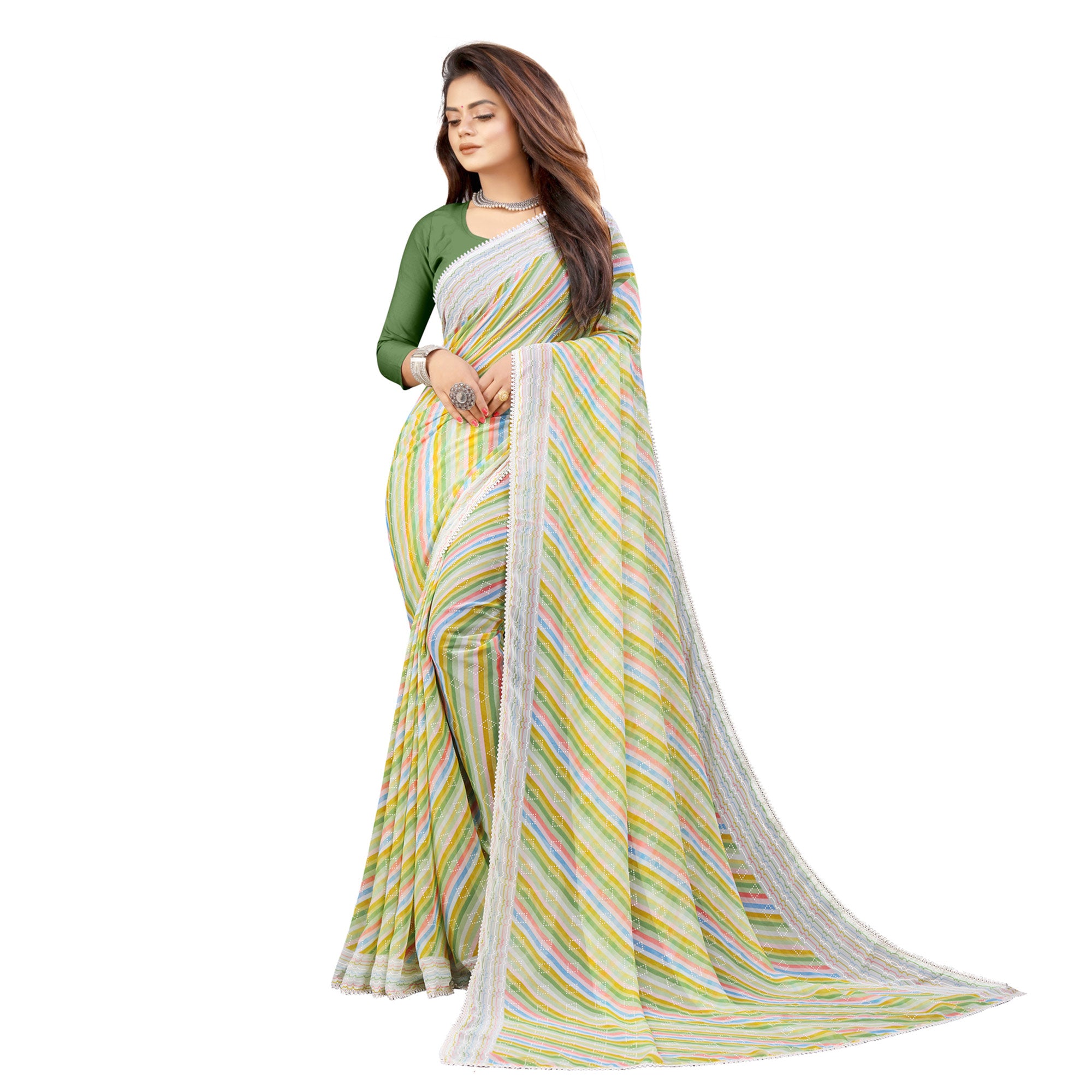 Green Striped Printed Georgette Saree