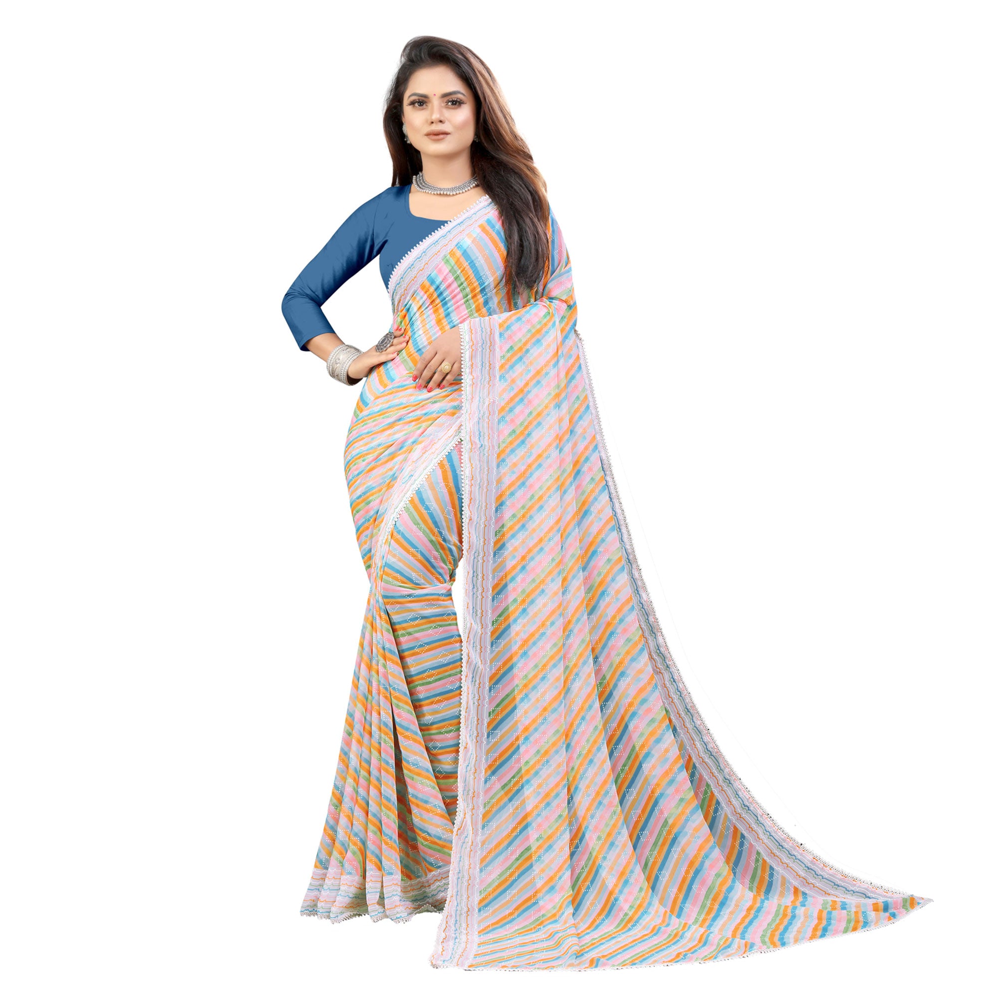 Grey Striped Printed Georgette Saree