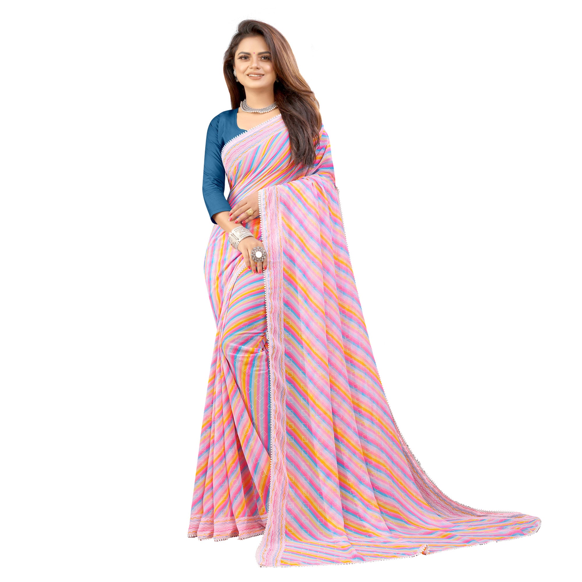 Pink Striped Printed Georgette Saree