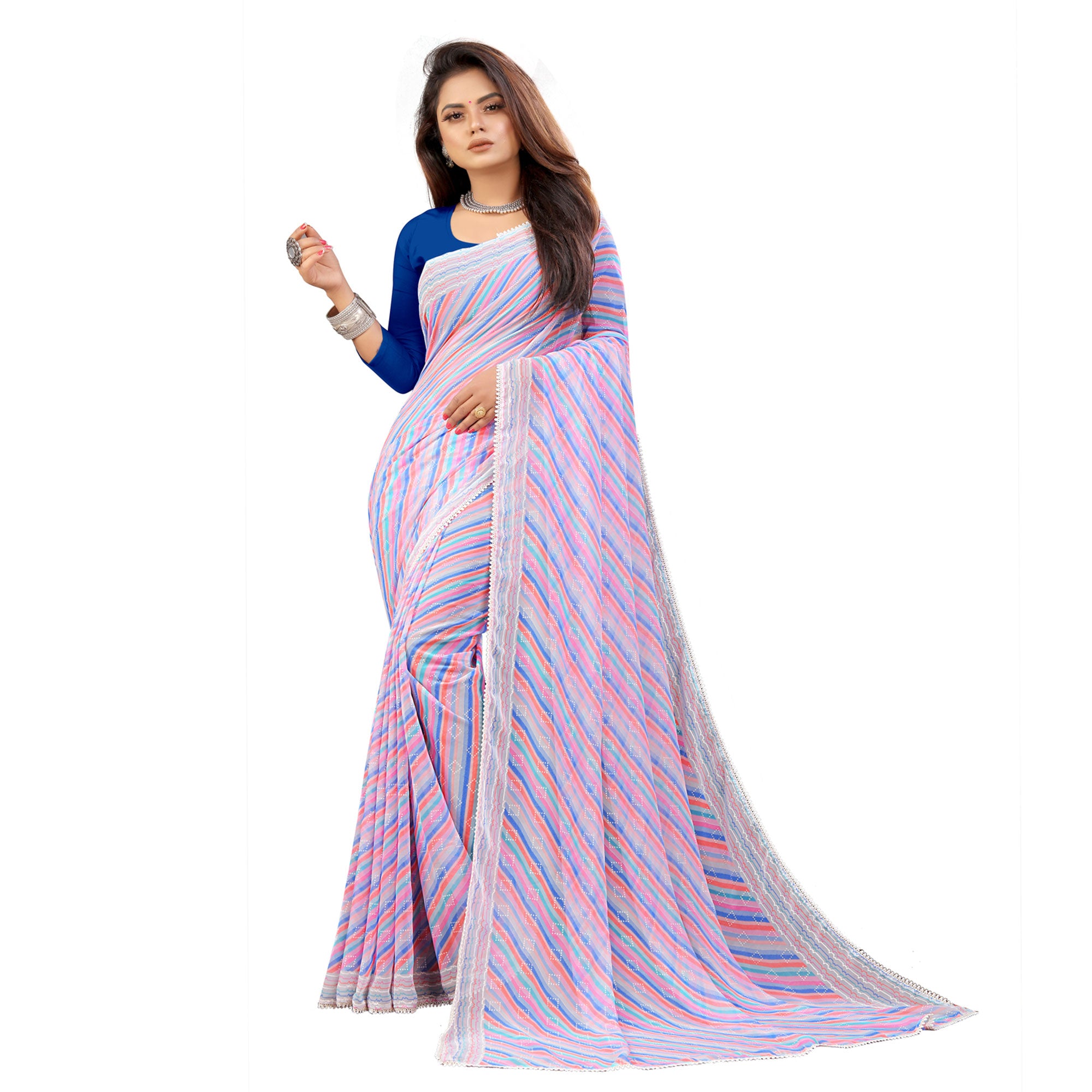 Purple Striped Printed Georgette Saree