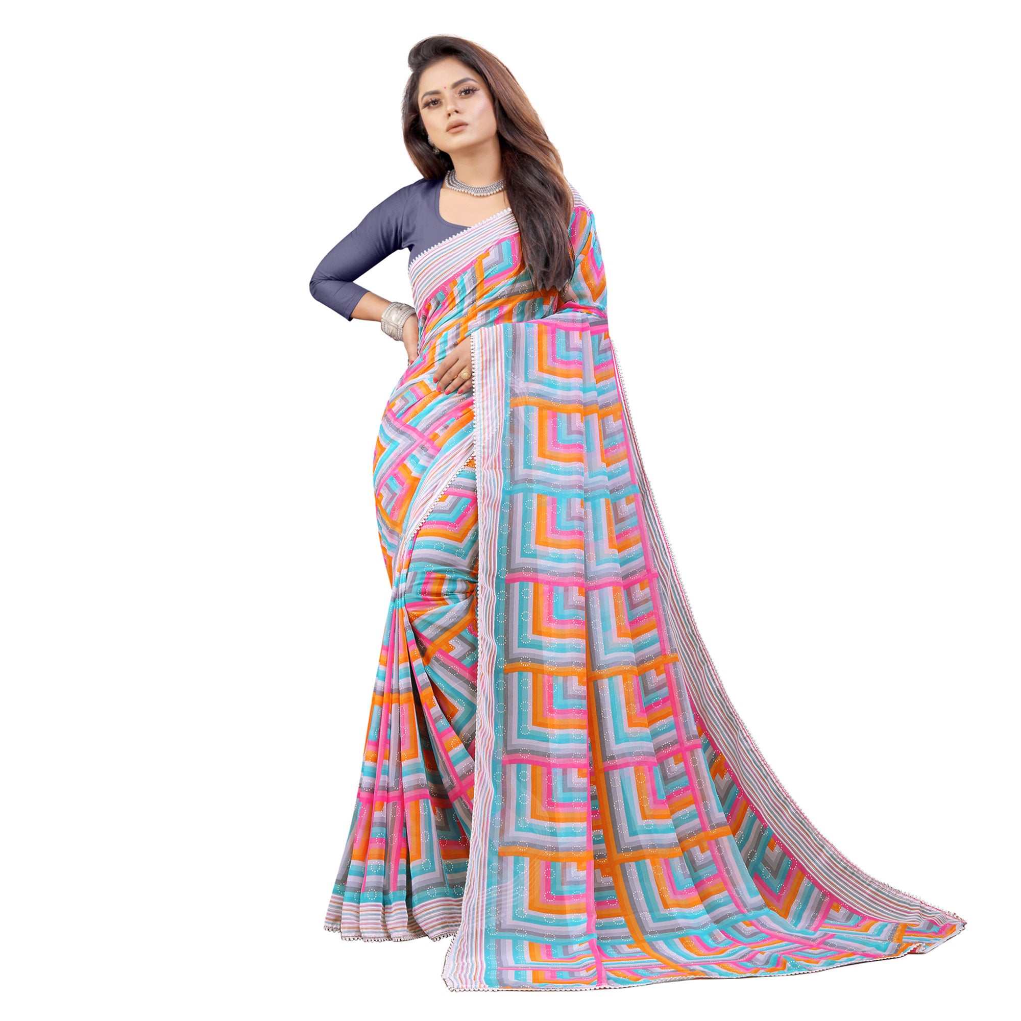 Blue & Grey Checked Printed Georgette Saree