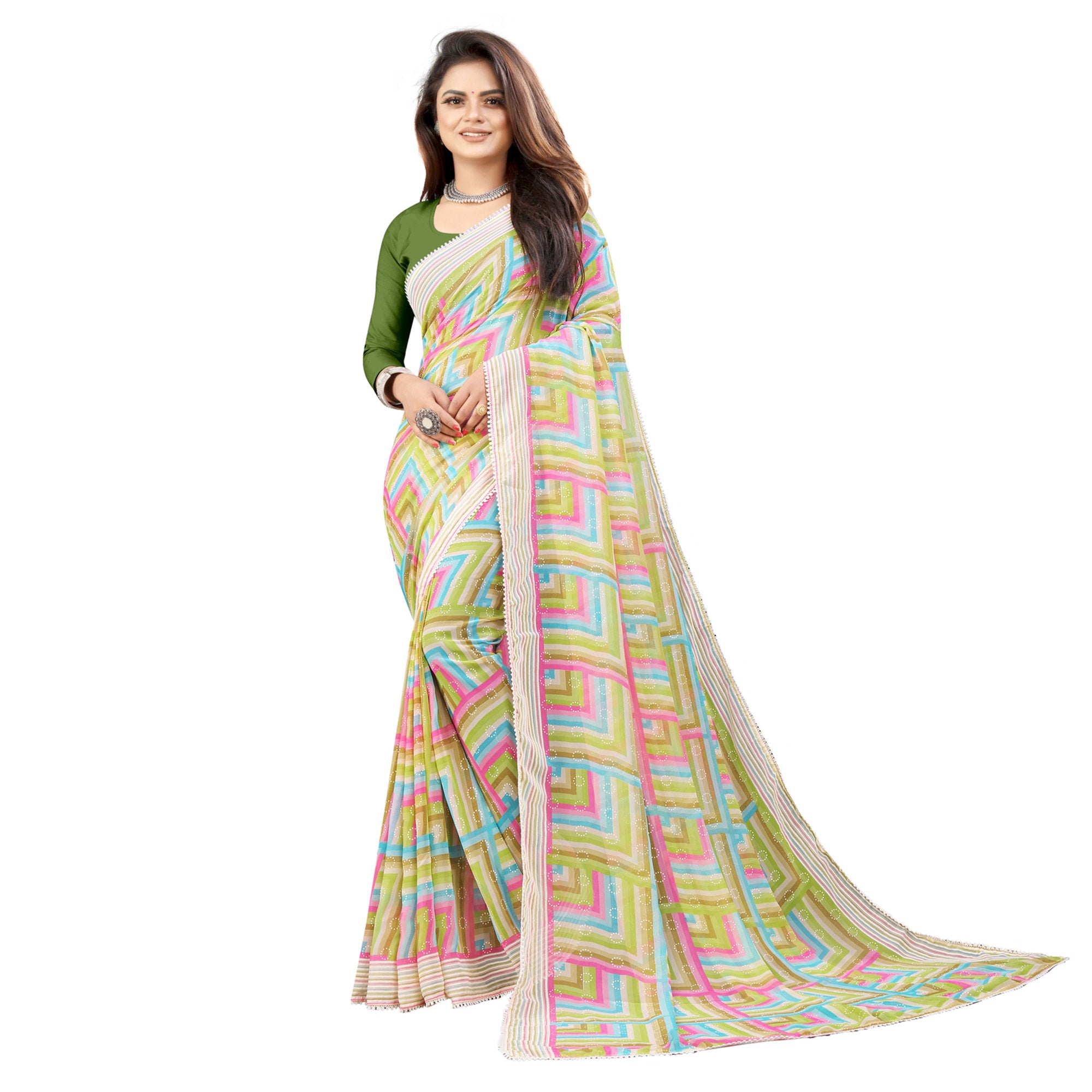 Light Green Checked Printed Georgette Saree