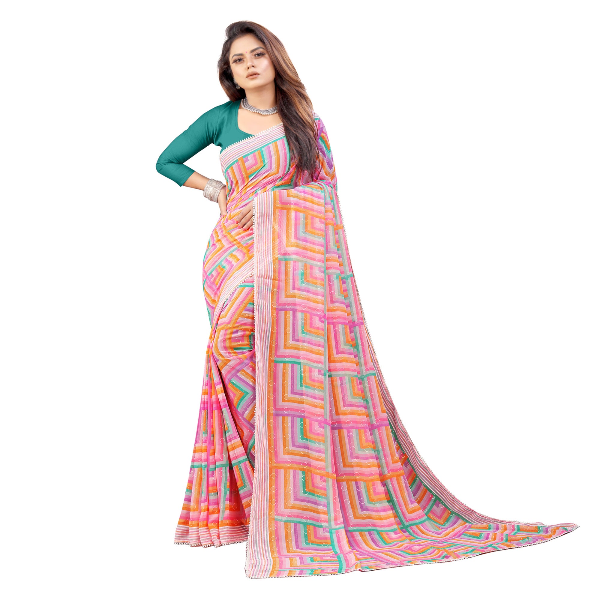 Pink Checked Printed Georgette Saree