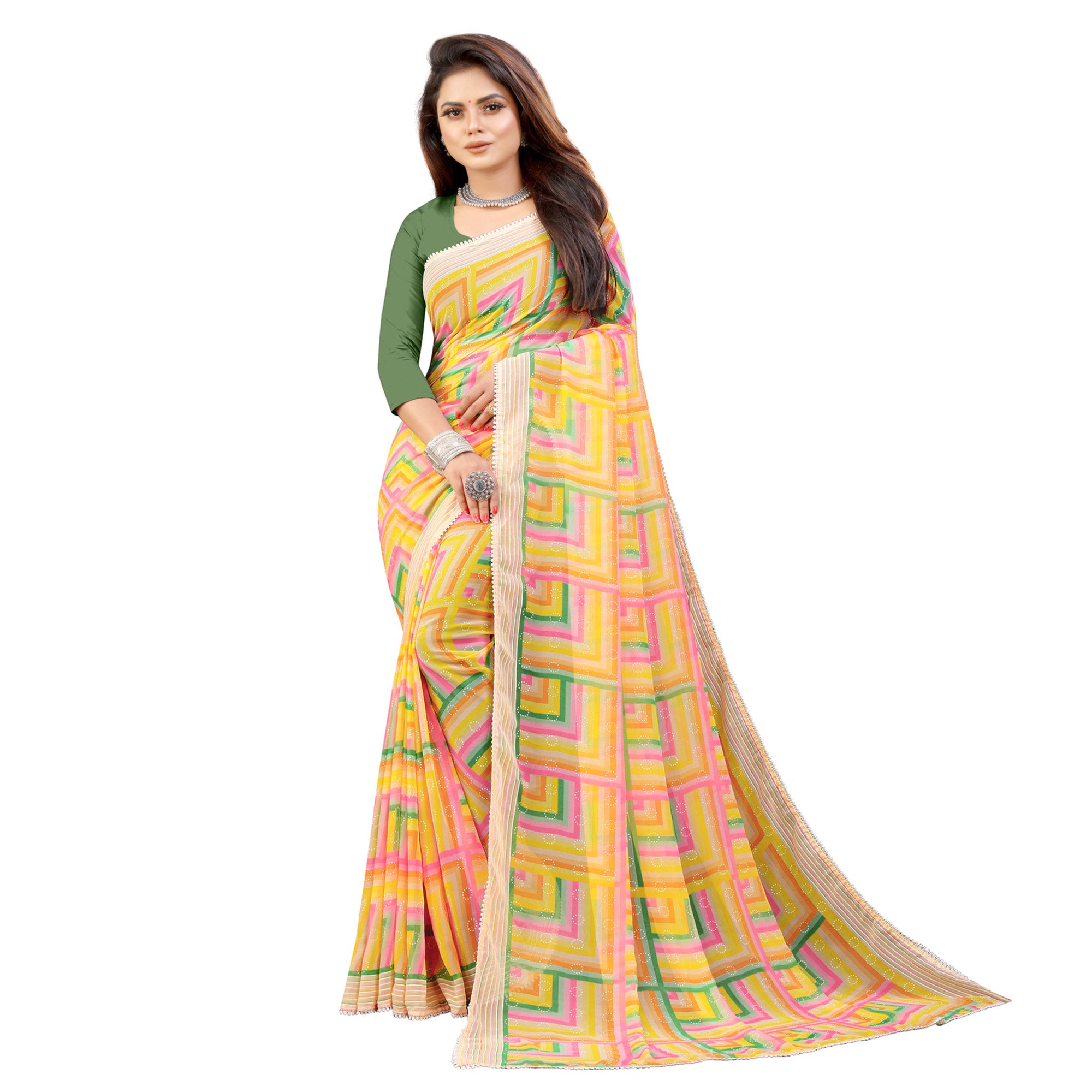 Yellow Checked Printed Georgette Saree