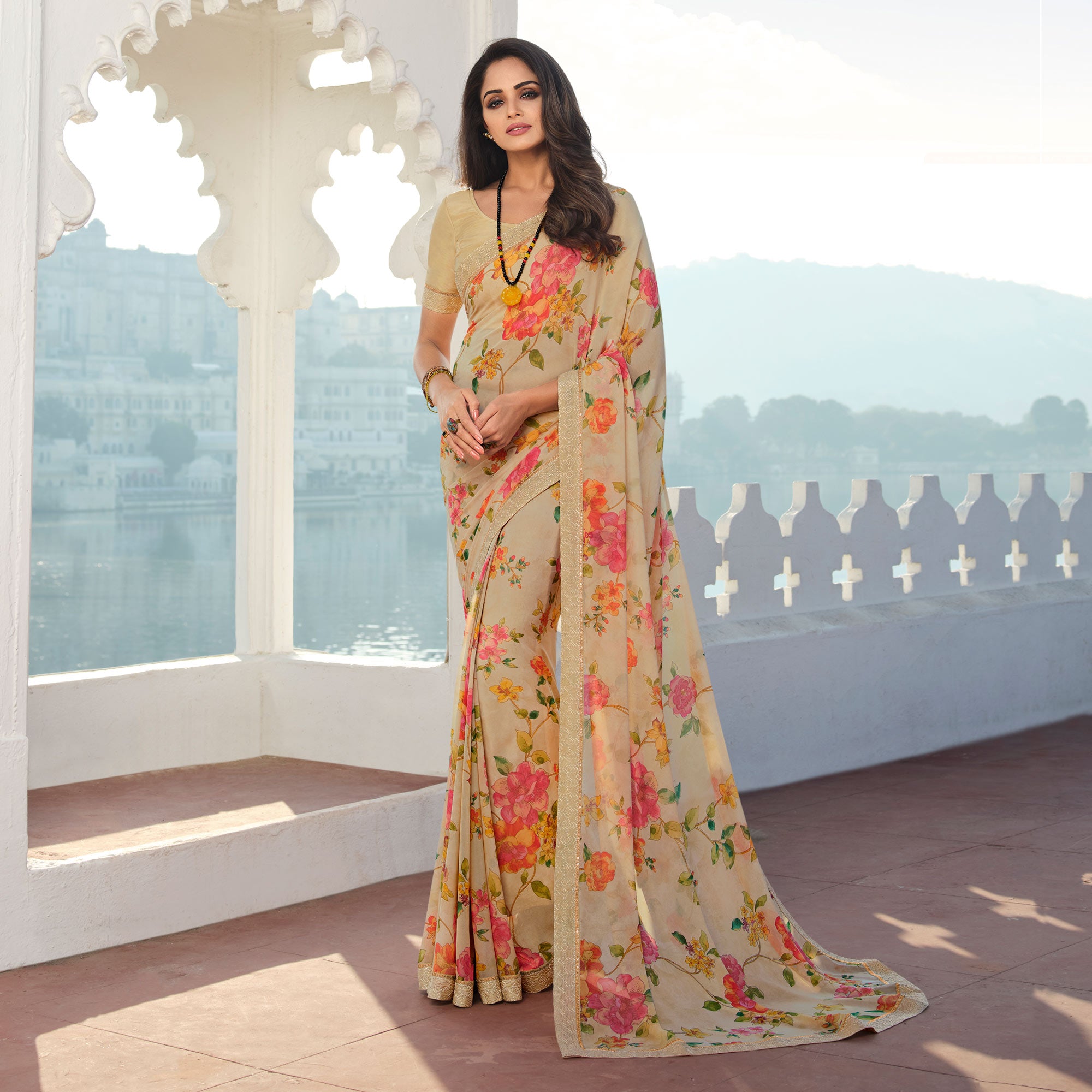 Cream Floral Printed With Embroidered Border Georgette Saree