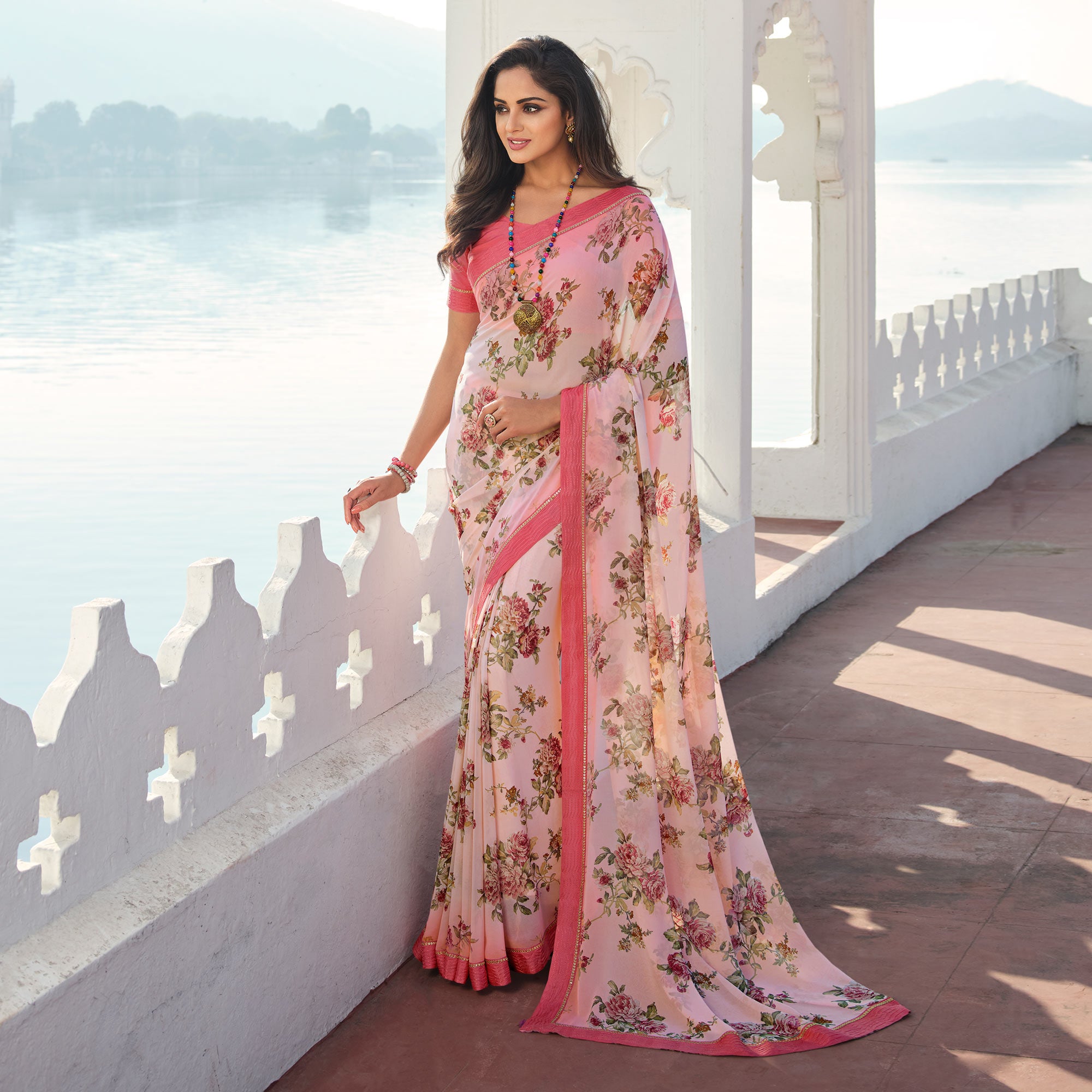 Light Pink Floral Printed With Embroidered Border Georgette Saree