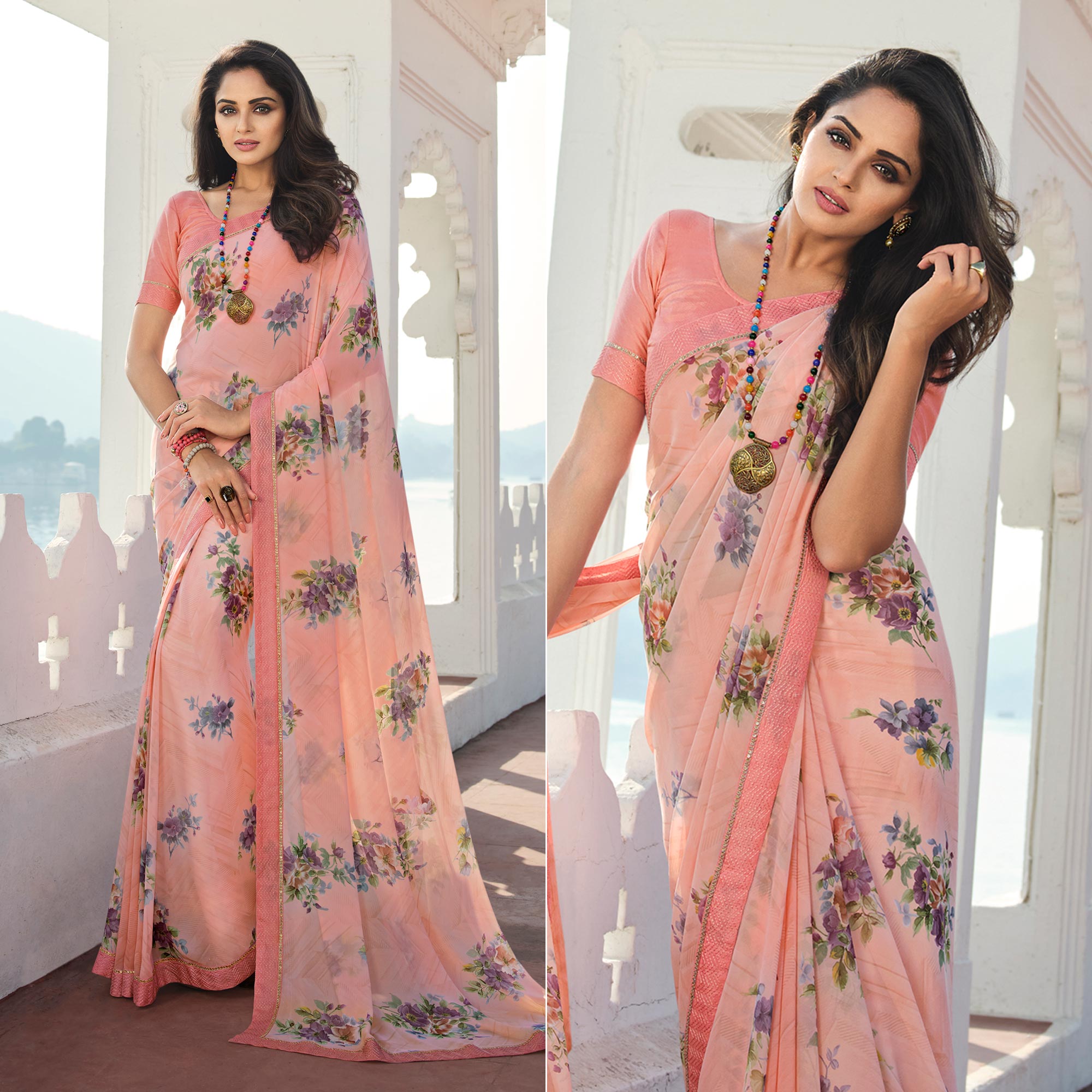 Peach Floral Printed With Embroidered Border Georgette Saree
