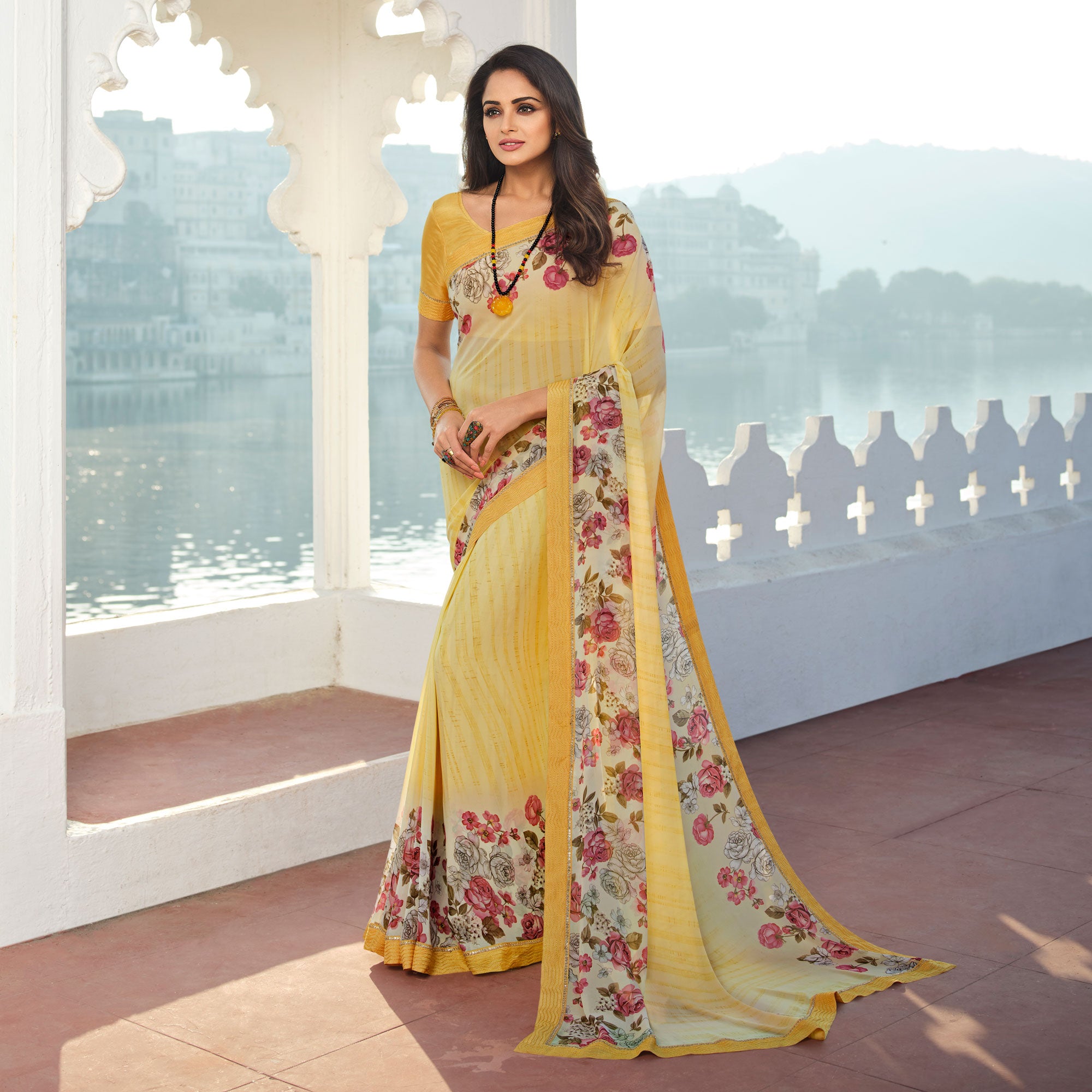 Yellow Floral Printed With Embroidered Border Georgette Saree