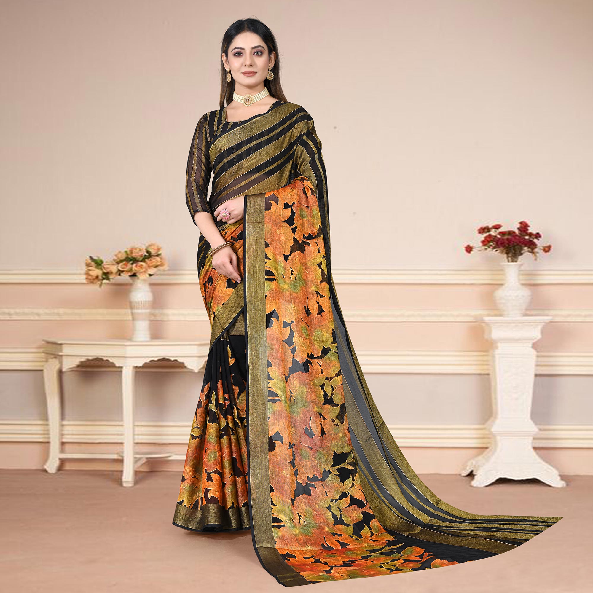 Black Floral Printed With Zari Work Brasso Saree