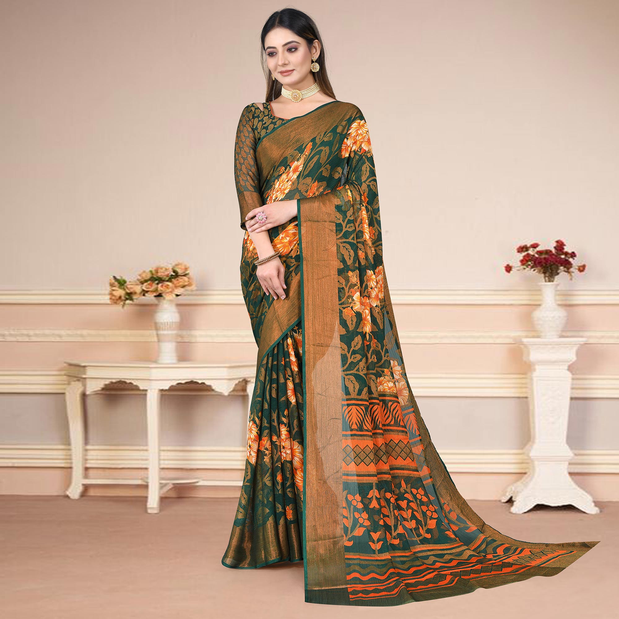 Green & Orange Floral Printed With Zari Work Brasso Saree