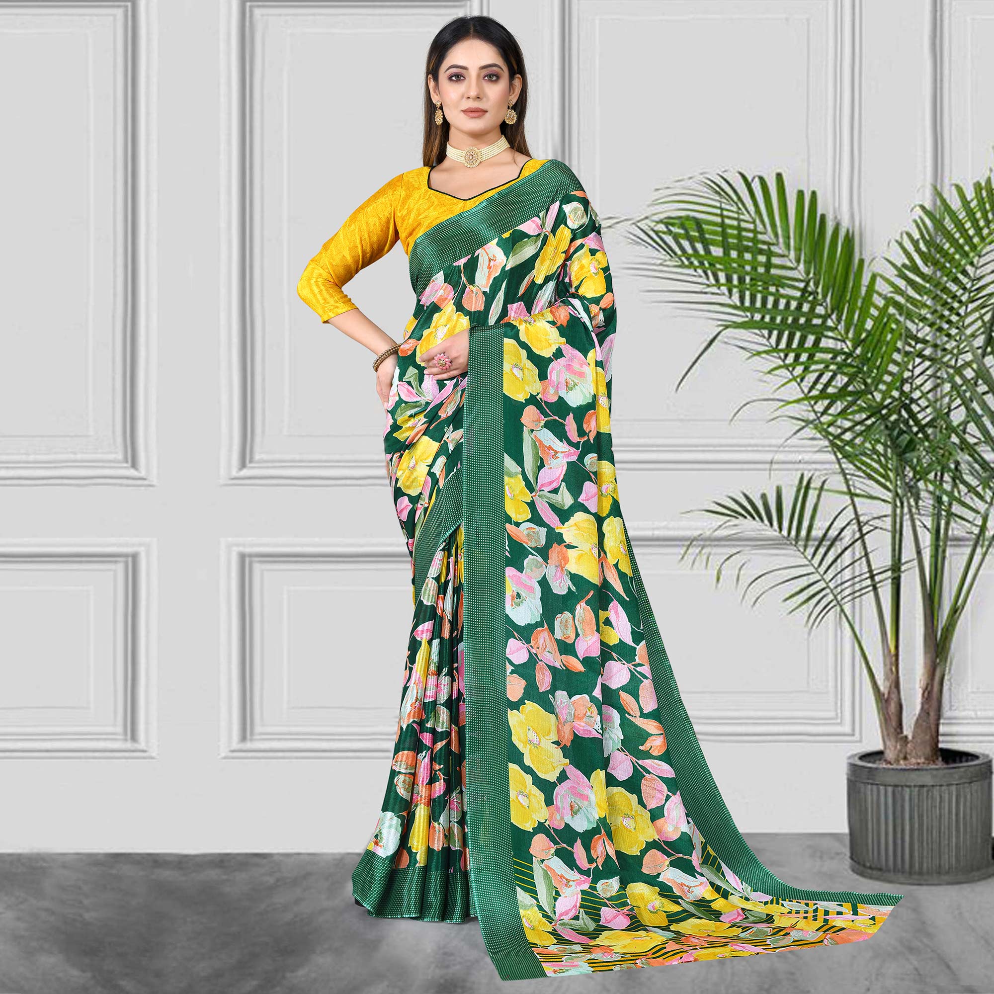 Green & Yellow Floral Printed Chiffon Saree
