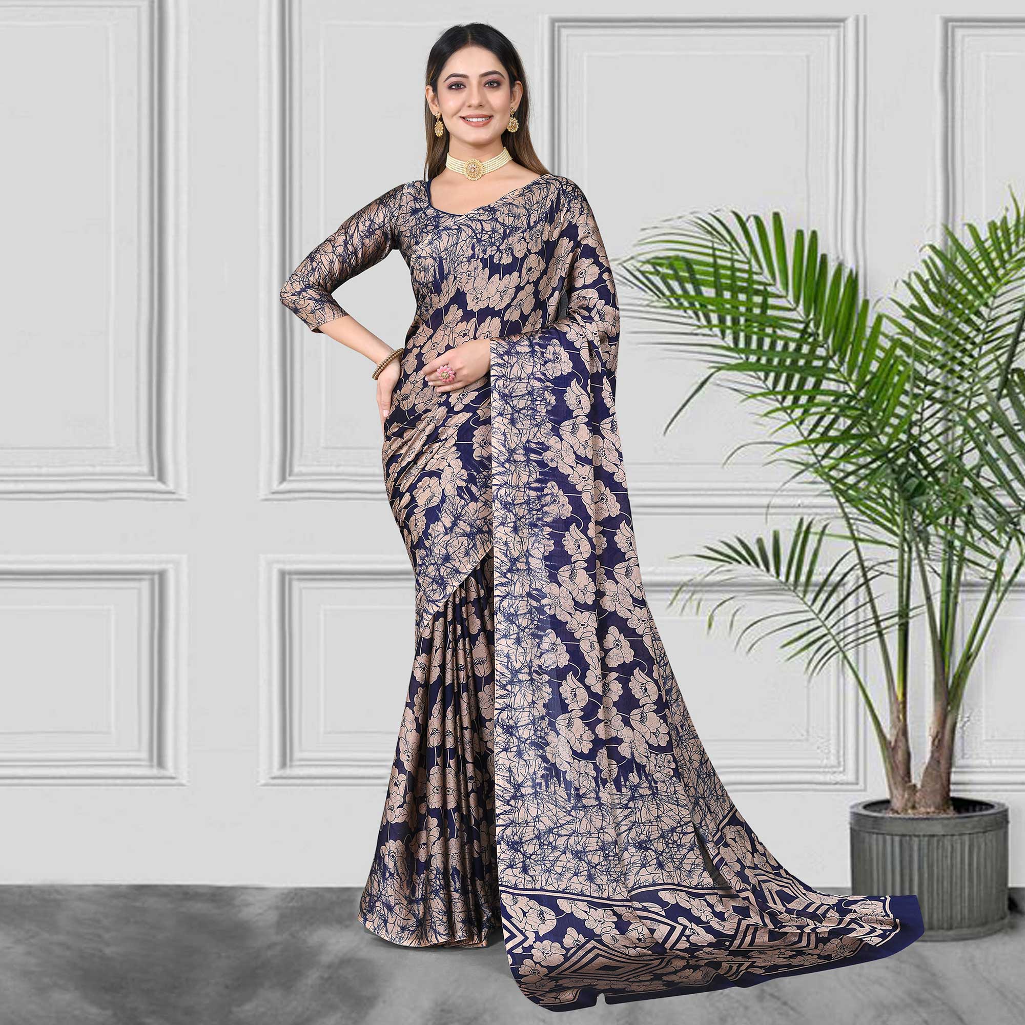 Navy Blue Floral Printed Chiffon Saree