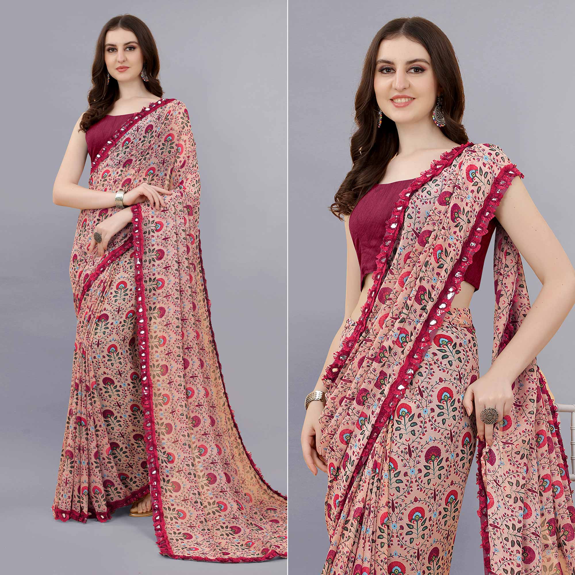 Beige Floral Printed Georgette Saree