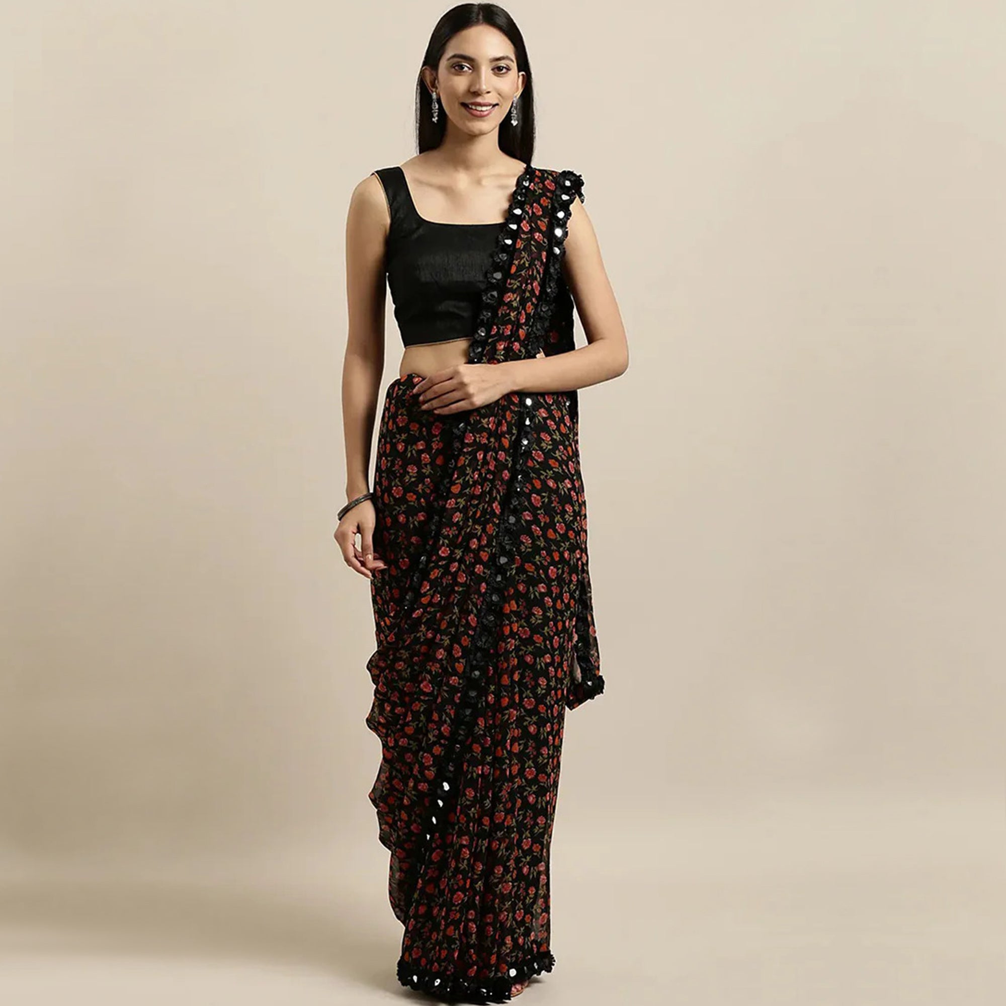 Black Floral Printed Georgette Saree