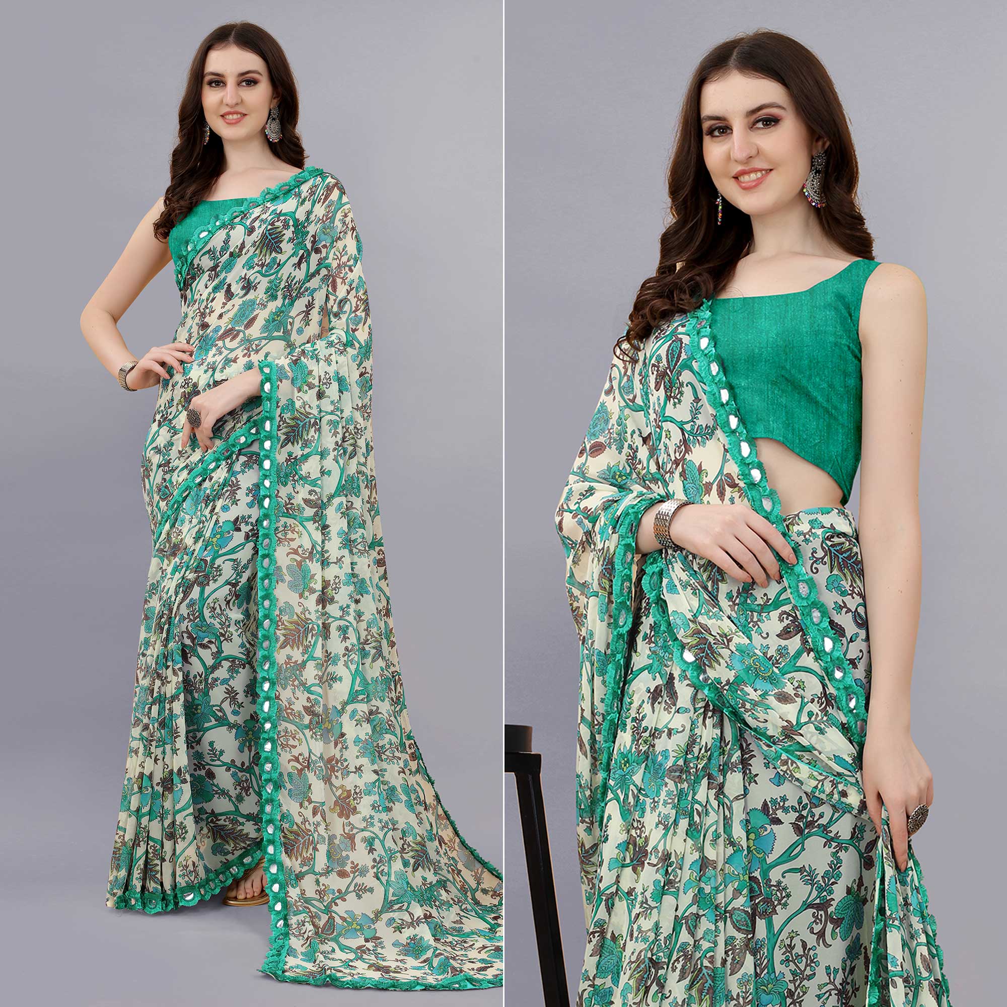 Cream Floral Printed Georgette Saree