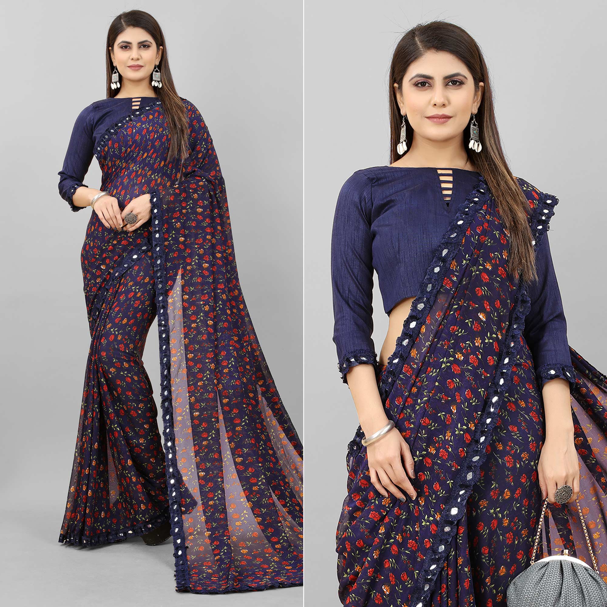 Navy Blue Floral Printed Georgette Saree