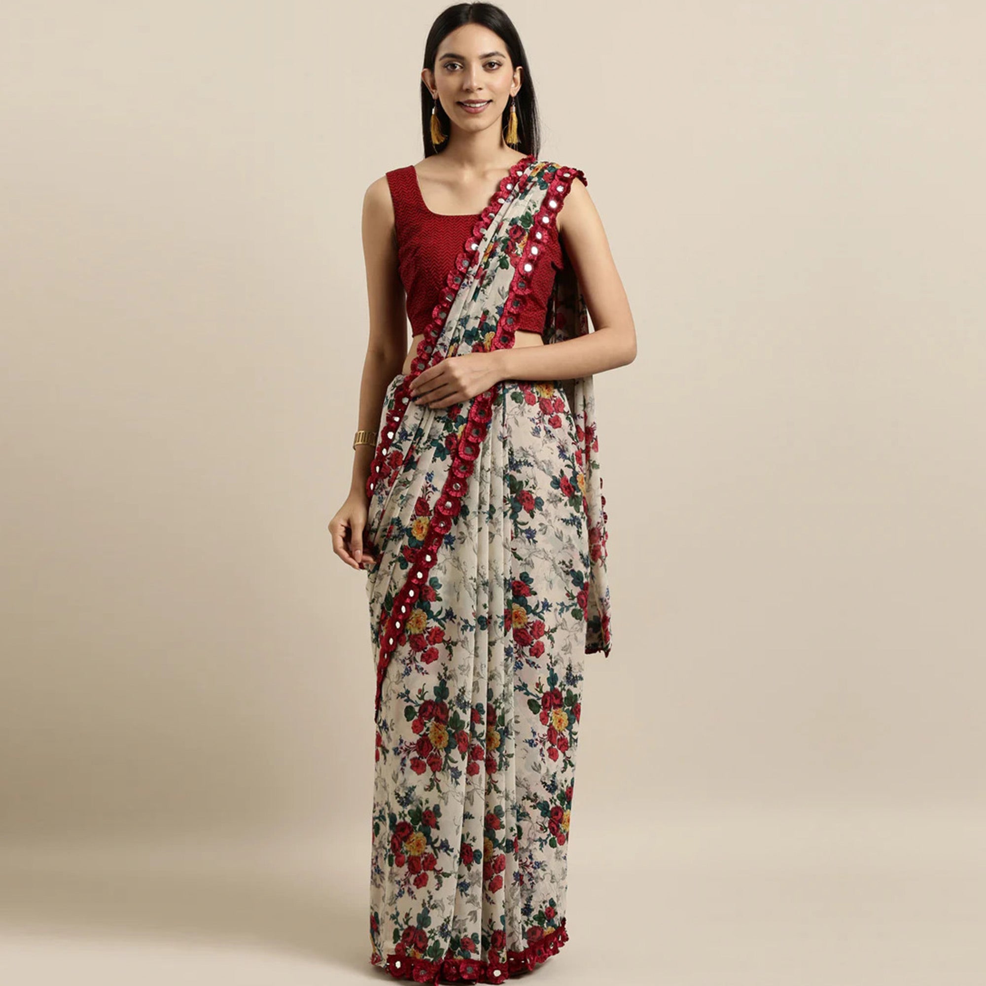 Off White Floral Printed Georgette Saree