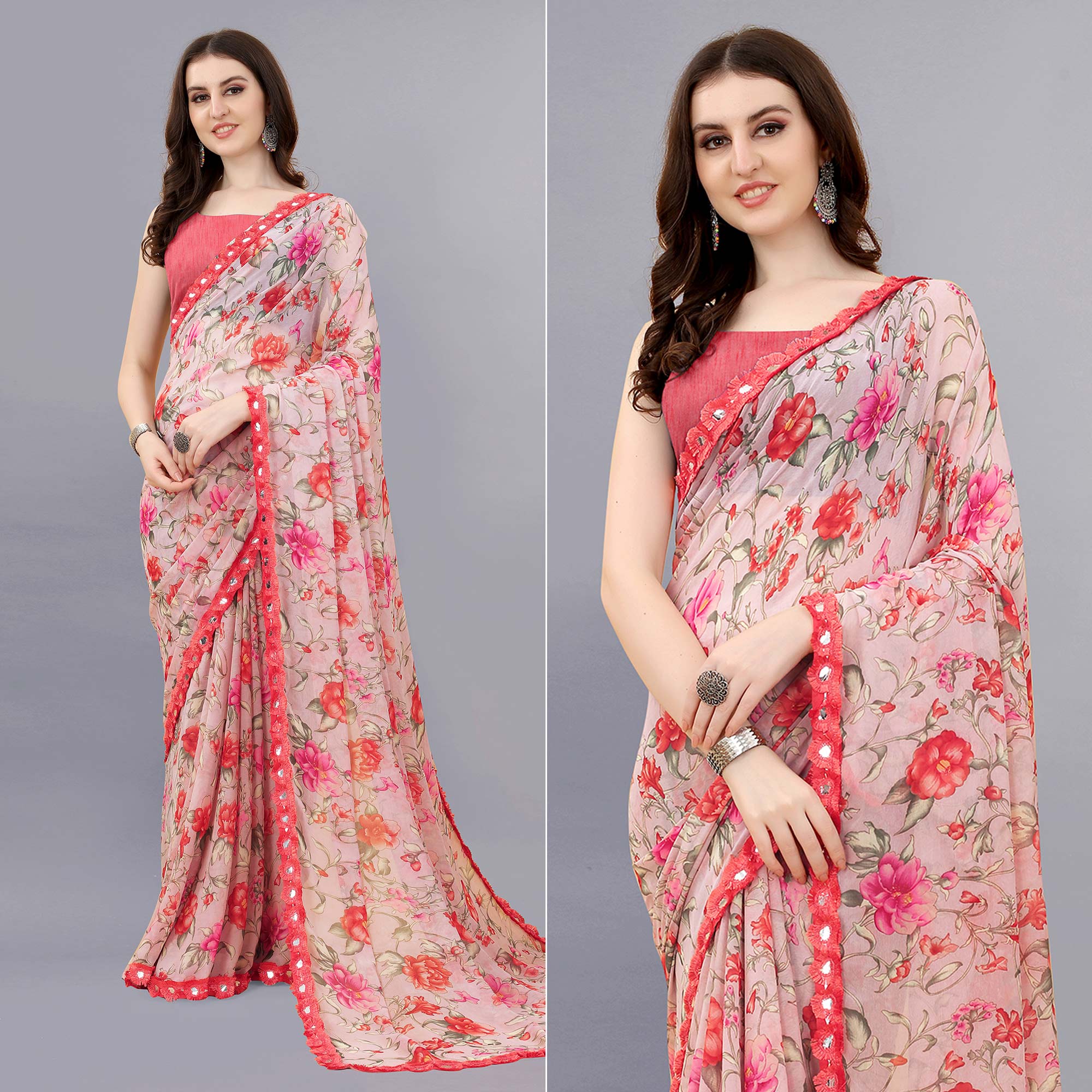 Peach Floral Printed Georgette Saree